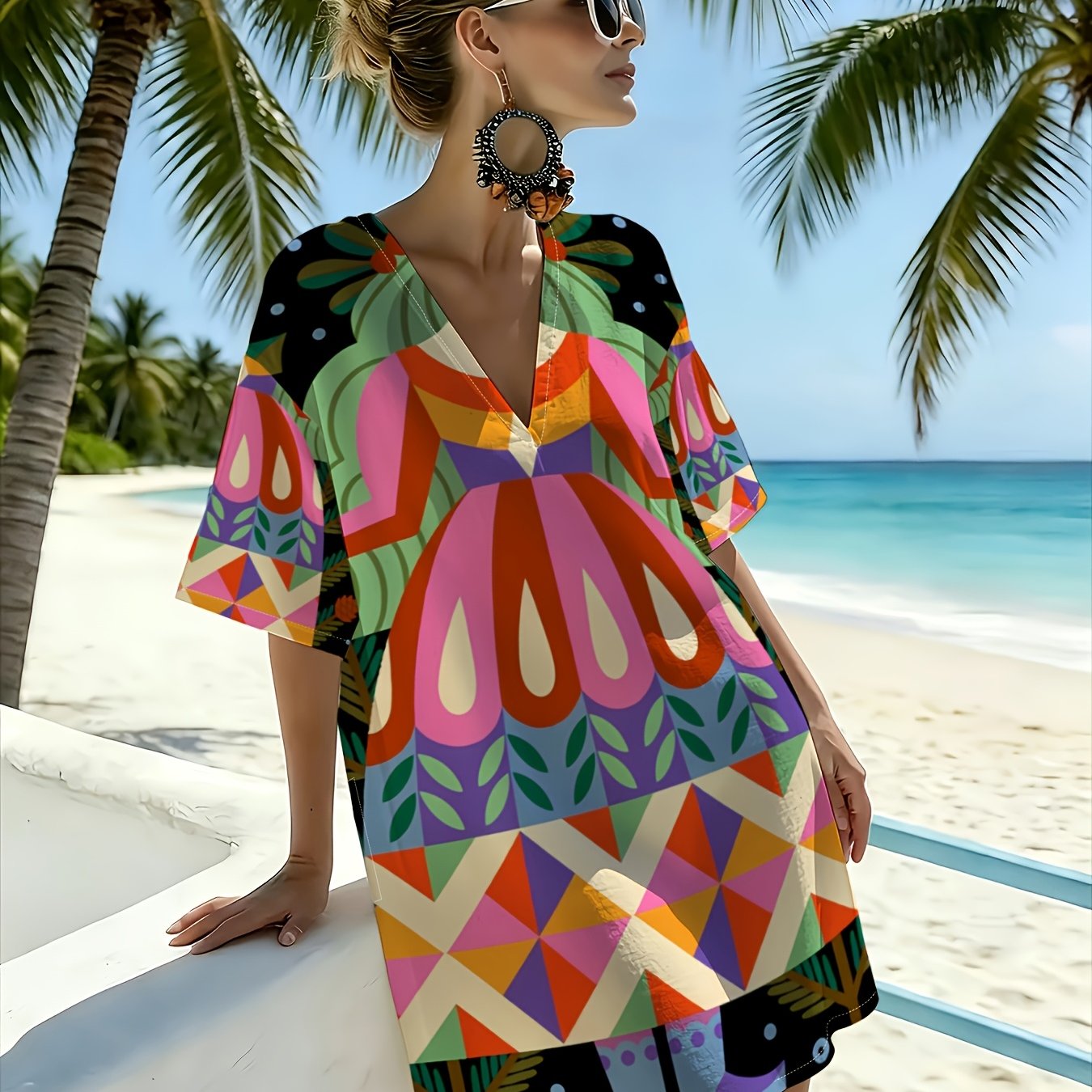 TEMU Summer New Colored Ethnic Geometric Portrait Print Women's V-neck Dress, Dopamine Loose Short Sleeve Beach Vacation Cover-up