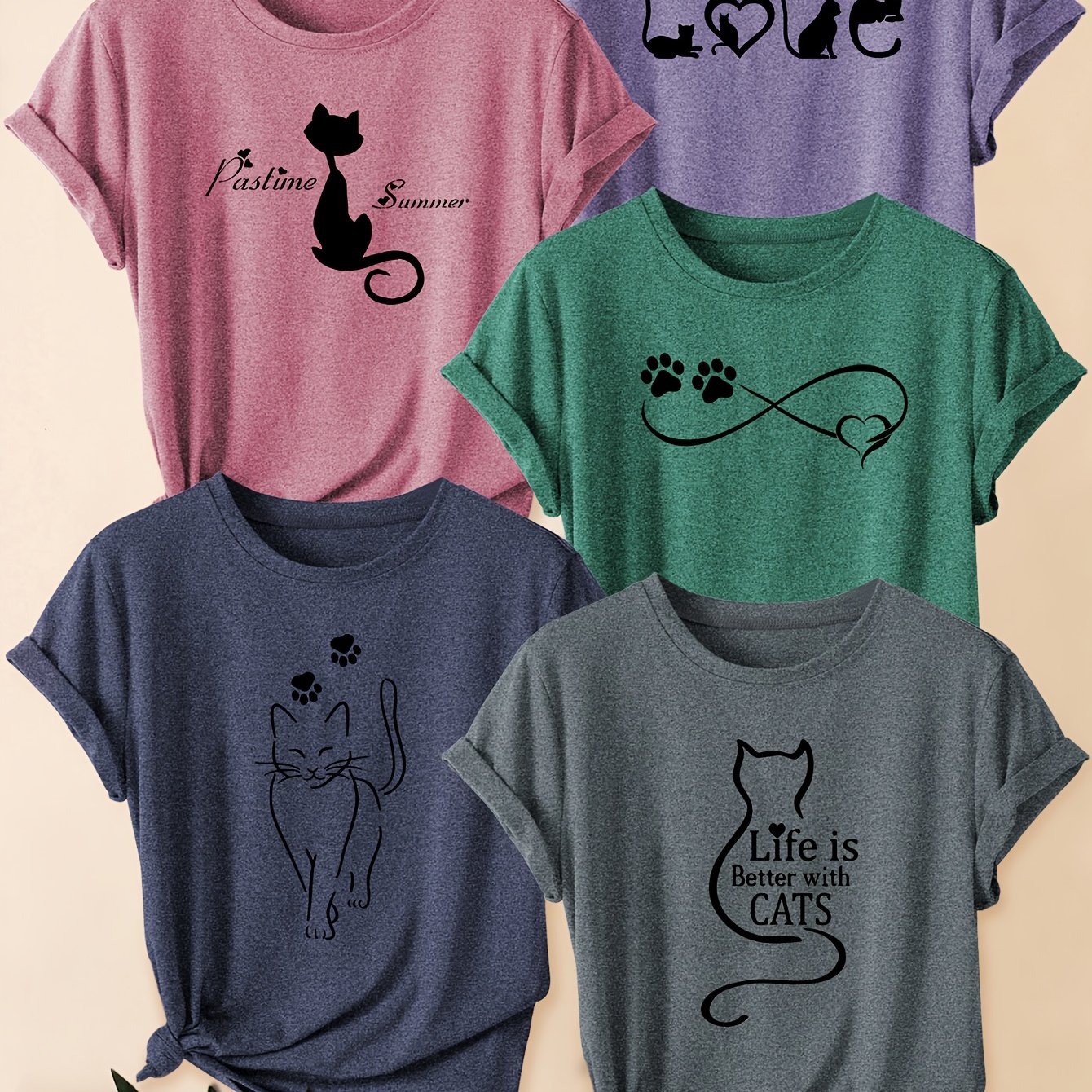 TEMU 5pcs Women's Plus Size Cat-themed T-shirts - Cute Kitten & Paw Print Letters "lettered For A " - Short Sleeve Round Neck Blouses (1xl-4xl)