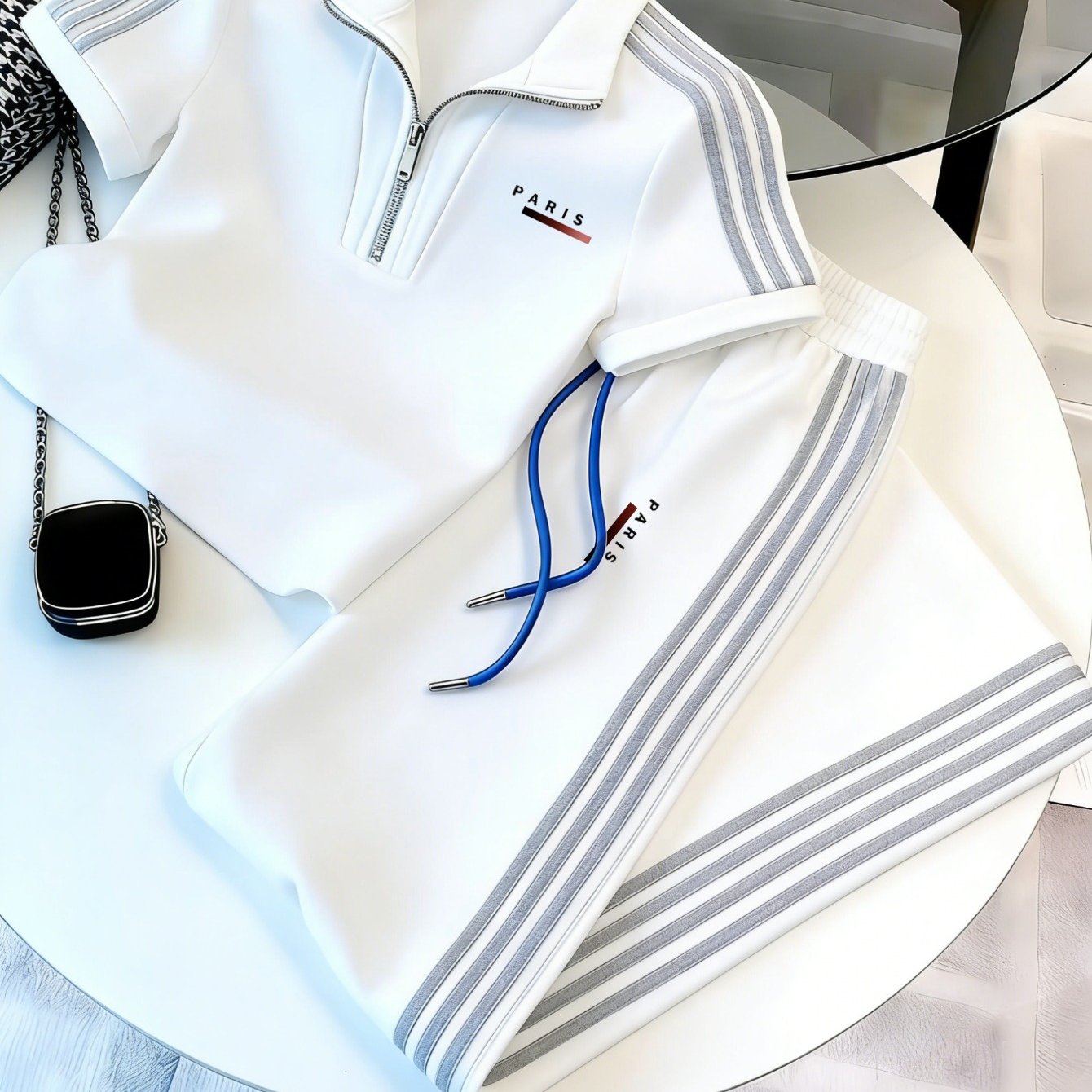 2026 New Zip-up Shirt Casual Sporty 2pcs Set - Geometric Collar Zip-up Shirt And Shorts, Perfect For Daily And Holiday Gifts