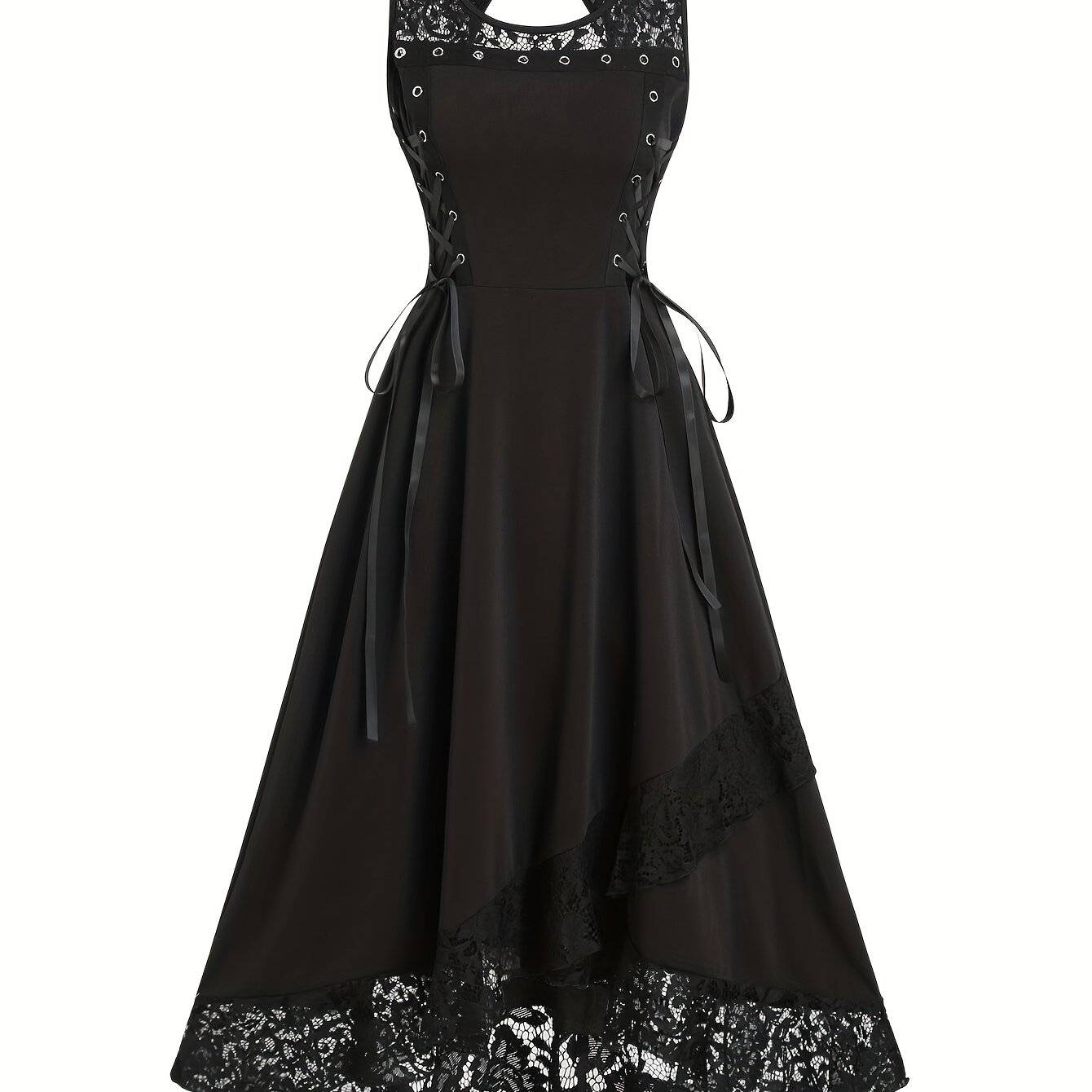 E-shop Modisches Damen-Gothic-Stil Patchwork-Spitzen-Cut-Out Ärmelloses Rundhals-Asymmetrisches Schlagkleid