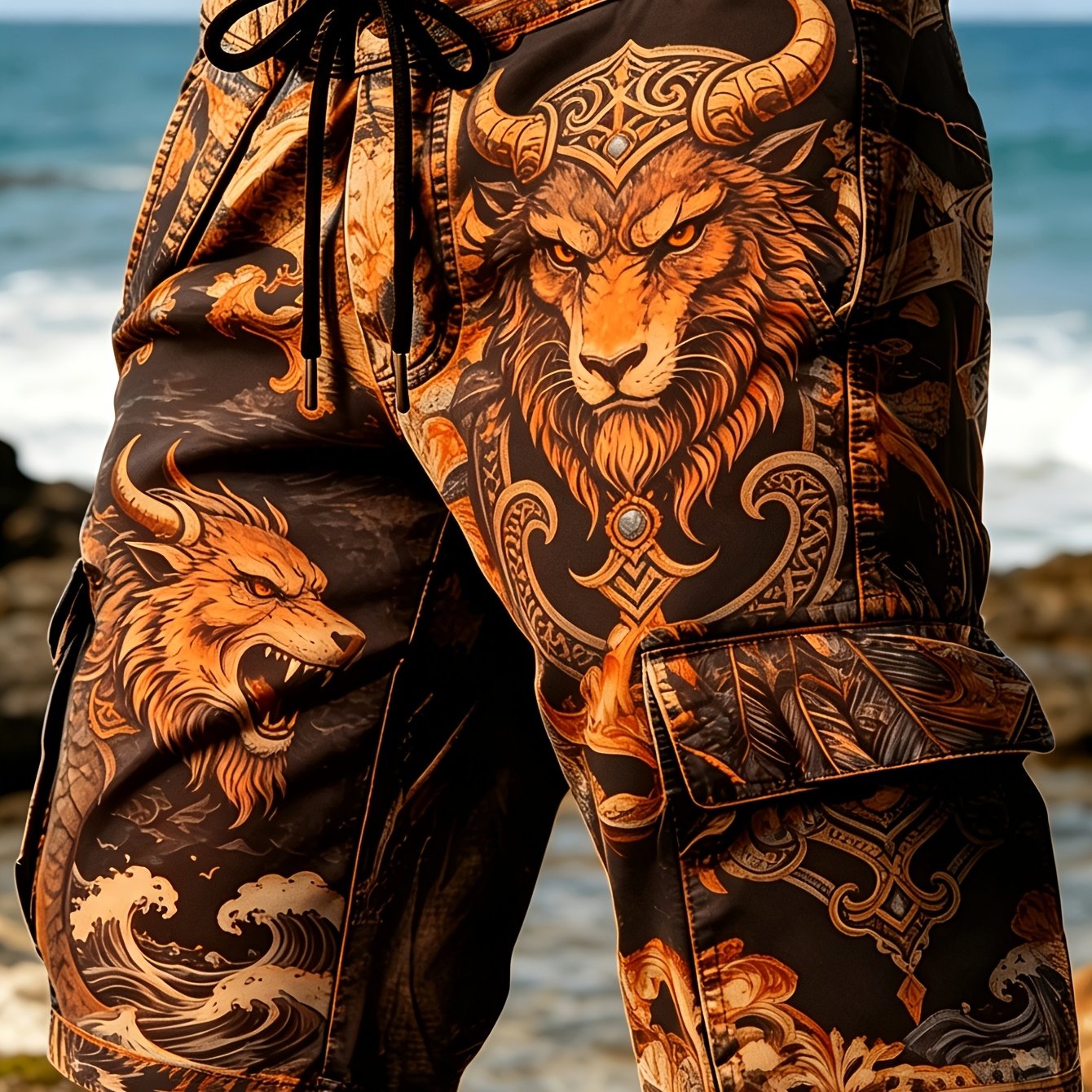 Image of Single-piece Pants (no Belt) Not Denim Fabric Men's Trendy Streetwear Wolf Cargo Shorts - Full-print Horned Wolf And , Drawstring Waist, Multi-pocket, Lightweight Fabric, For Urban Summer Styling