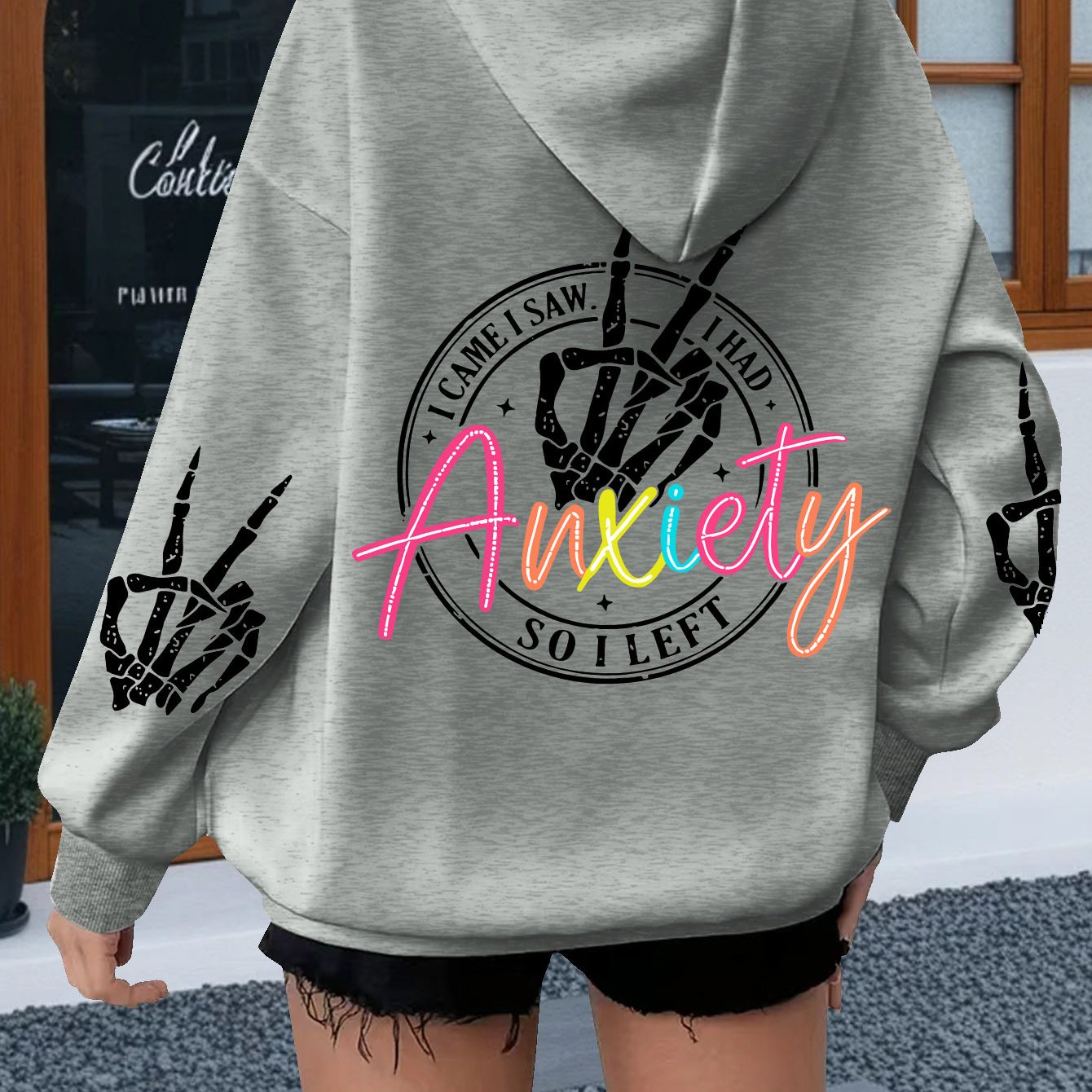TEMU Plus Size - Colorful Iridescent Letter Peace Skull Hand Print T-shirt And Plus Size Hoodie And Women's Hooded Sweatshirt