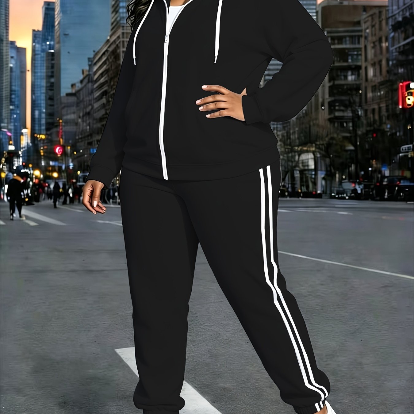 Image of Women's 2pcs Casual Sportswear Set, Full Zip Hooded Jacket With Stripes, Sweatpants, Casual Wear Sportswear Set