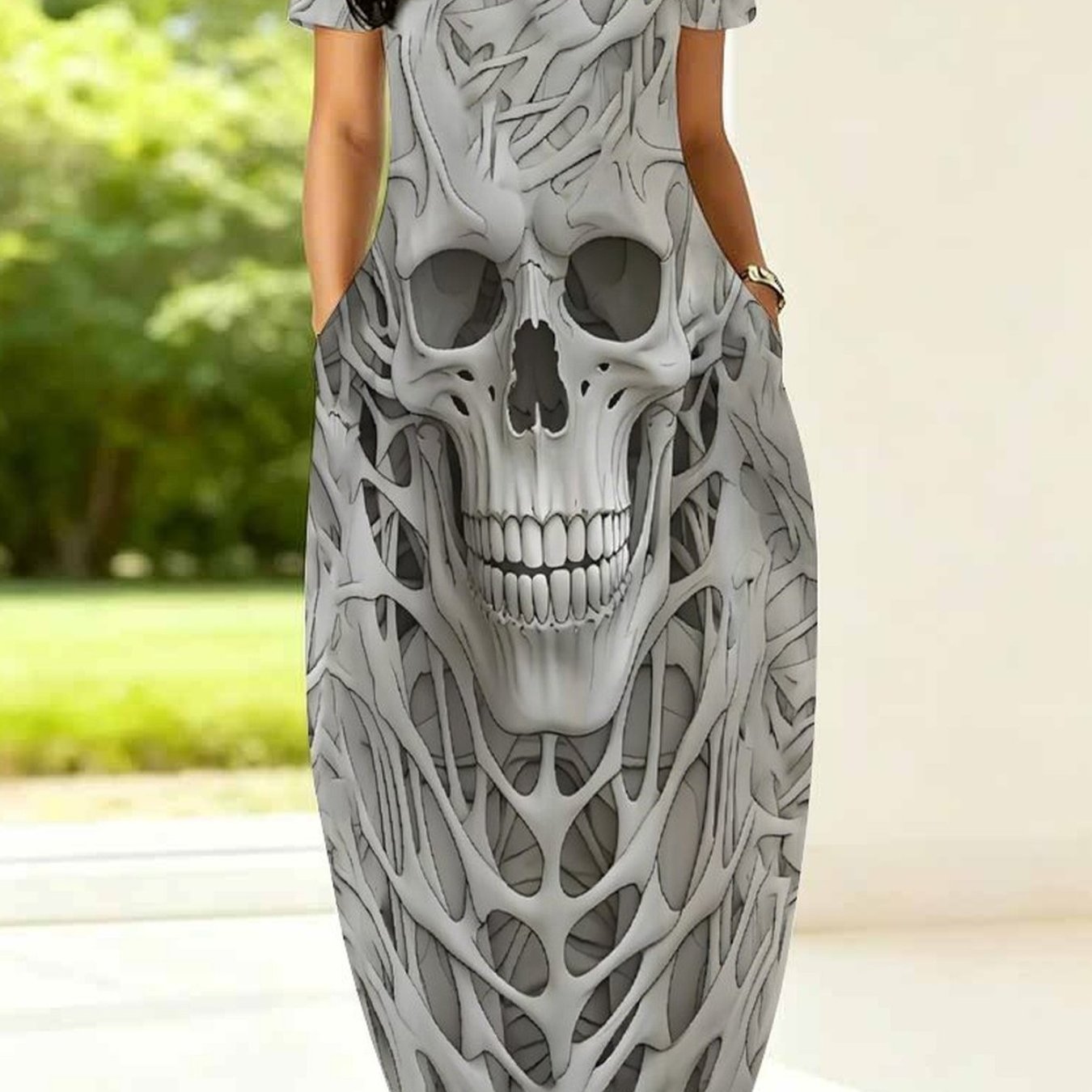 Image of Plus Size, Women's Plus Size Dress Halloween Costumes And Patterns Full Body Print Themed Parties Elegant Women's Spooky Season Fashionable Round Neck Short Sleeved Pocket Dress