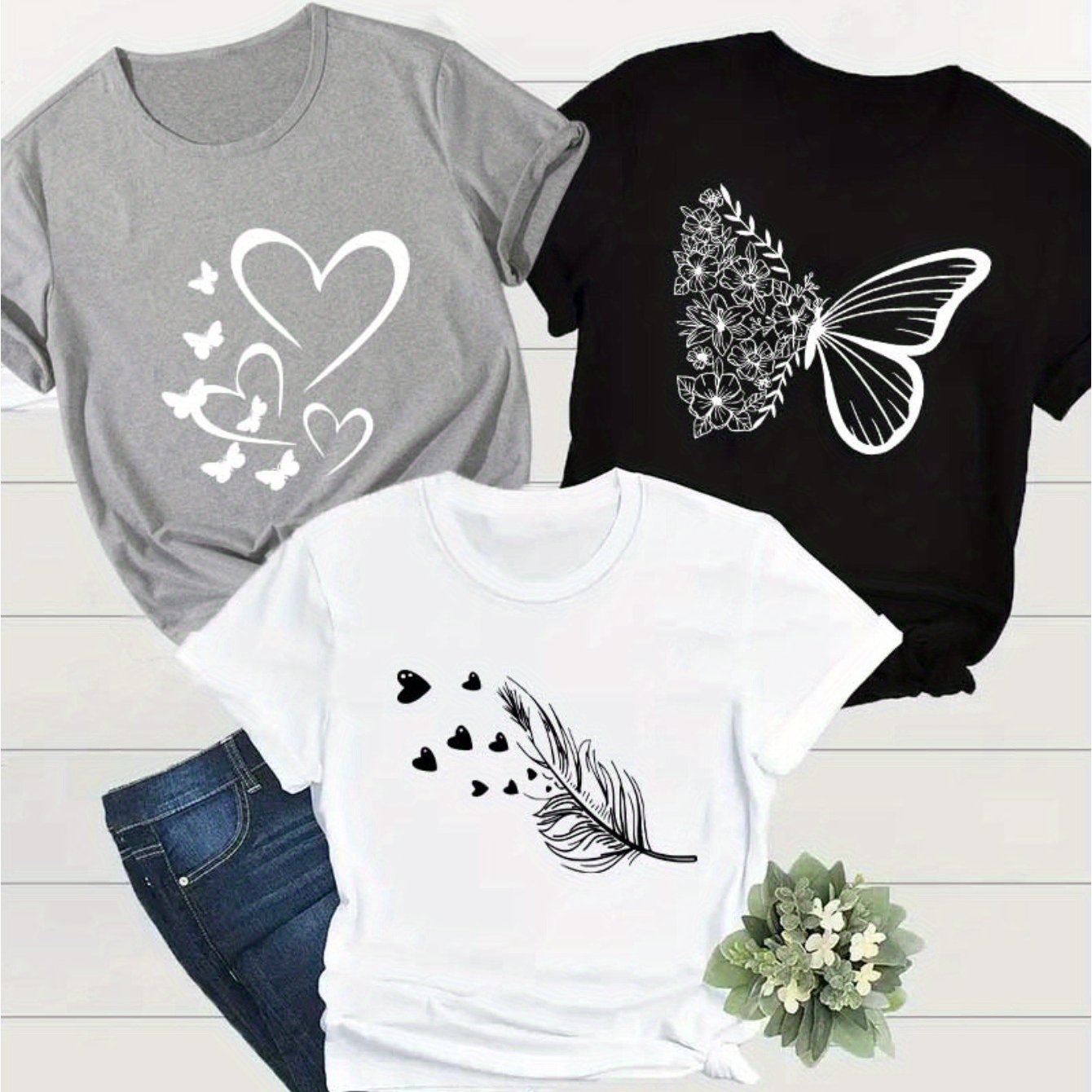 E-shop Element Bedrucktes T-Shirt 3er-Set, Sommer und Frühling Kurzarm Rundhals Casual Tops Multi Sets, Damen
