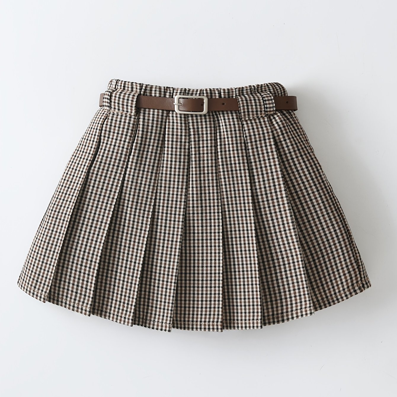 Image of Young Elegant Retro Style Short Skirt, Preppy Style Brown Plaid Pleated Half-length Skirt With Belt, Suitable For Daily Casual , School, , Autumn Essentials