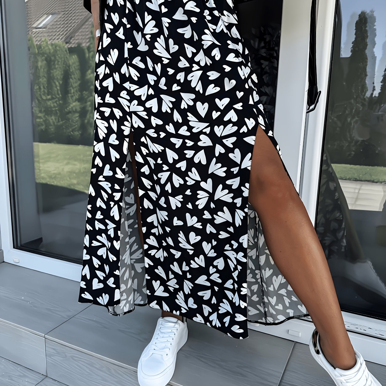 TEMU Black And White Printed Split Skirt For Women