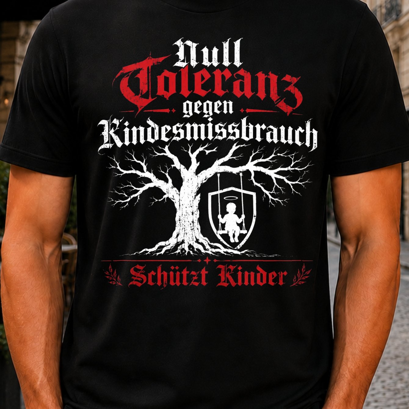 Image of 0 Tolerance T-shirt Gothic German Text With Tree And Rose In Red Artwork