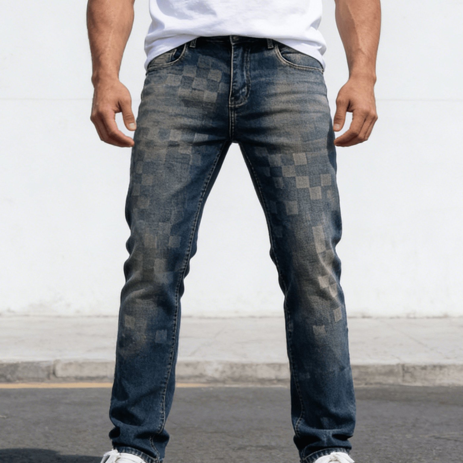 Image of Hme-273 Men's Distressed Checkerboard Washed Jeans Slim Fit High-street Retro Plaid Pants Streetwear Casual Denim Trousers