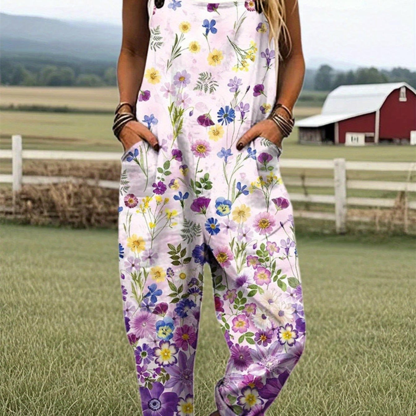 TEMU Plus Size, Women's Summer 3d Printed Overalls, Loose Casual Suspender Jumpsuit, Fashionable Floral Wide-leg Pants, Versatile High-waisted Long