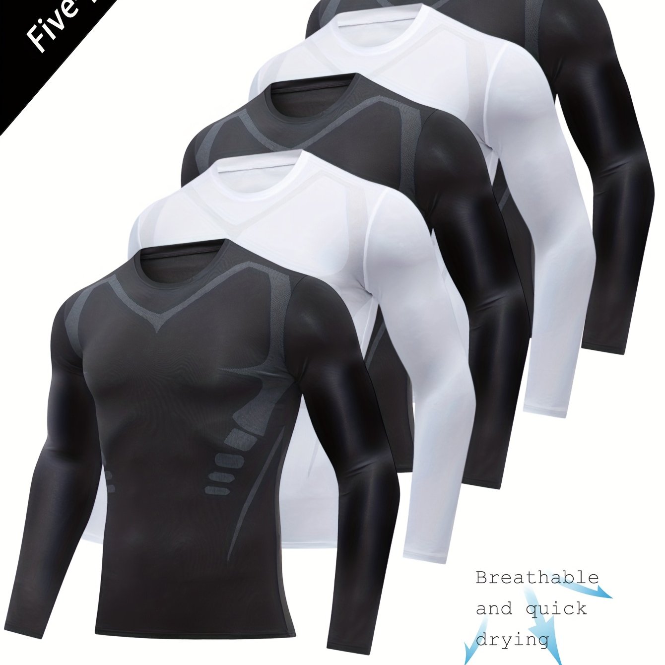 TEMU 5pcs Set Of Men's High-quality Solid Round Neck Long Sleeve T-shirts - Breathable, Quick-dry, Moisture-wicking, Elastic , Black, Suitable For