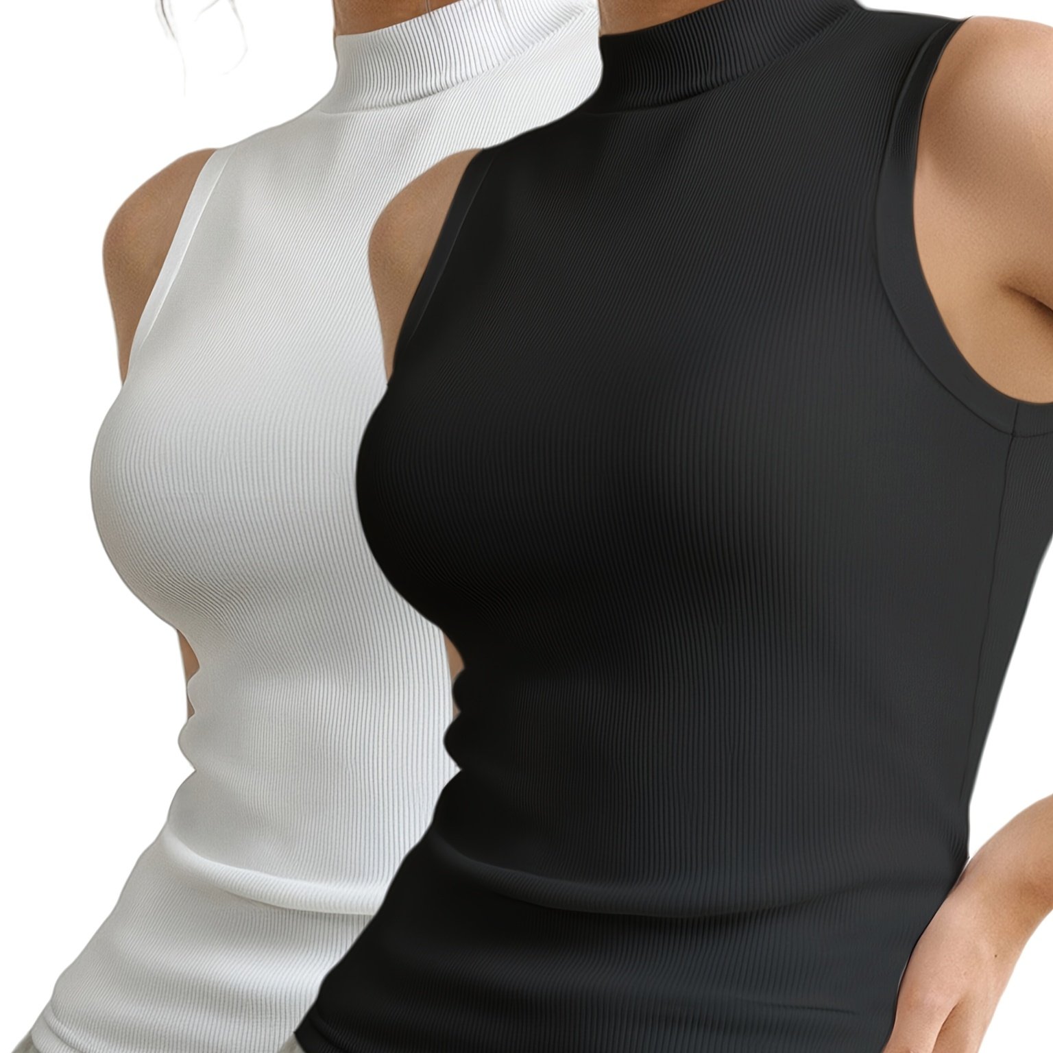 E-shop 2 Stück Damen Casual Rippstrickweste Ohne Ärmel Sport Tanktop mit Halskragen