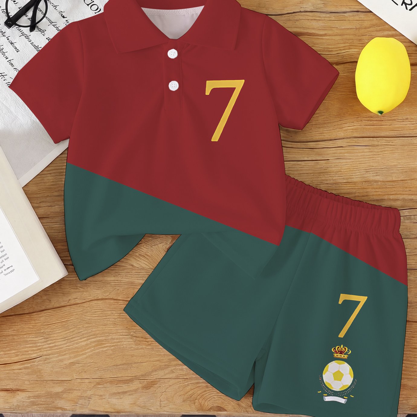 Image of Red 7 Football Print Toddler Boys Turn- Collar Short Sleeve 2pcs Set, Boys Shirt+ Shorts 2pcs Set, Suitable For Daily Wear, Perfect For Outdoor