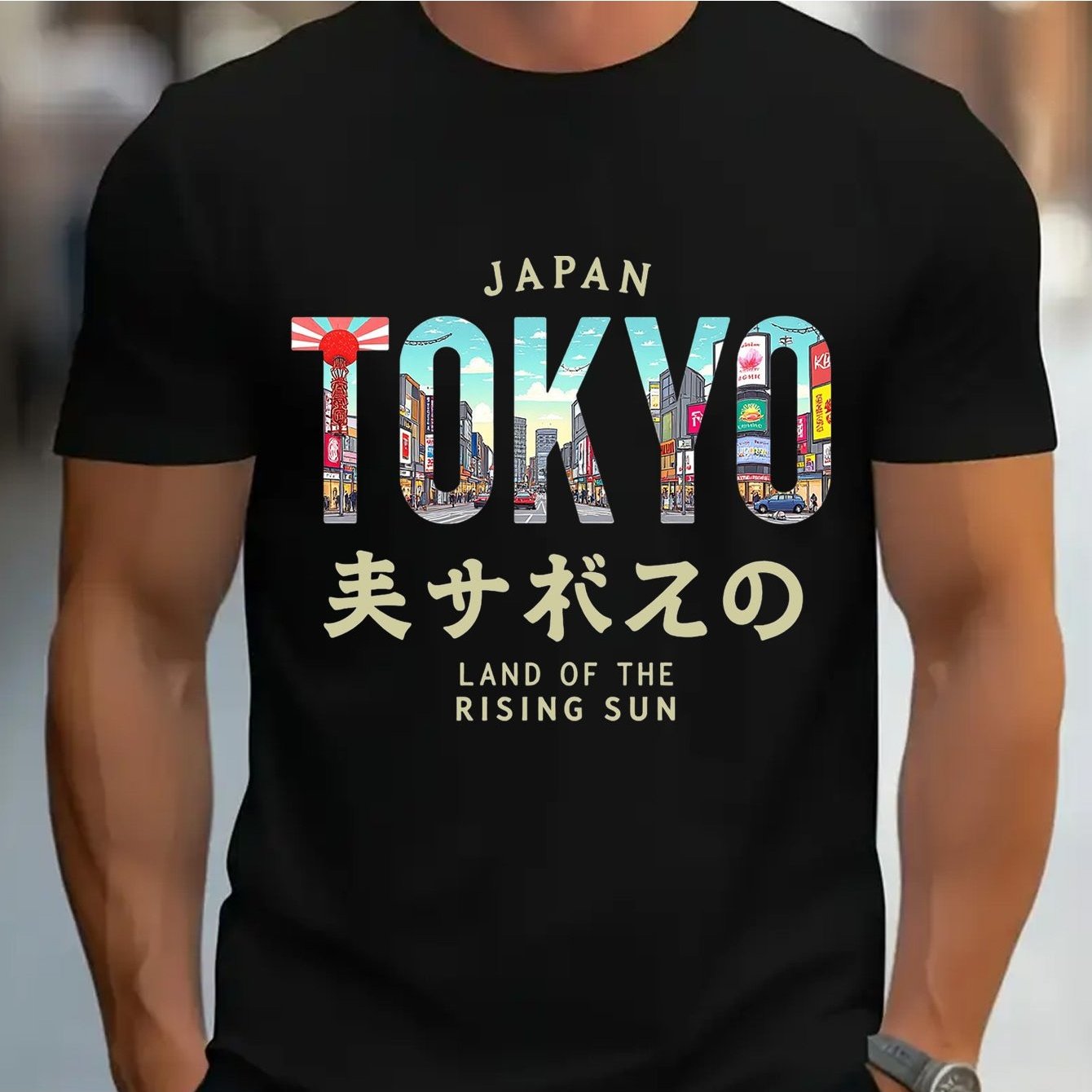 Image of Men's Tokyo Japan Street Style Graphic Tee - Red Crew Neck, Slim Fit, Bright Japanese Text Design, , Casual Travel Shirt For Adults, Everyday Wear, Long-lasting Casual Clothing