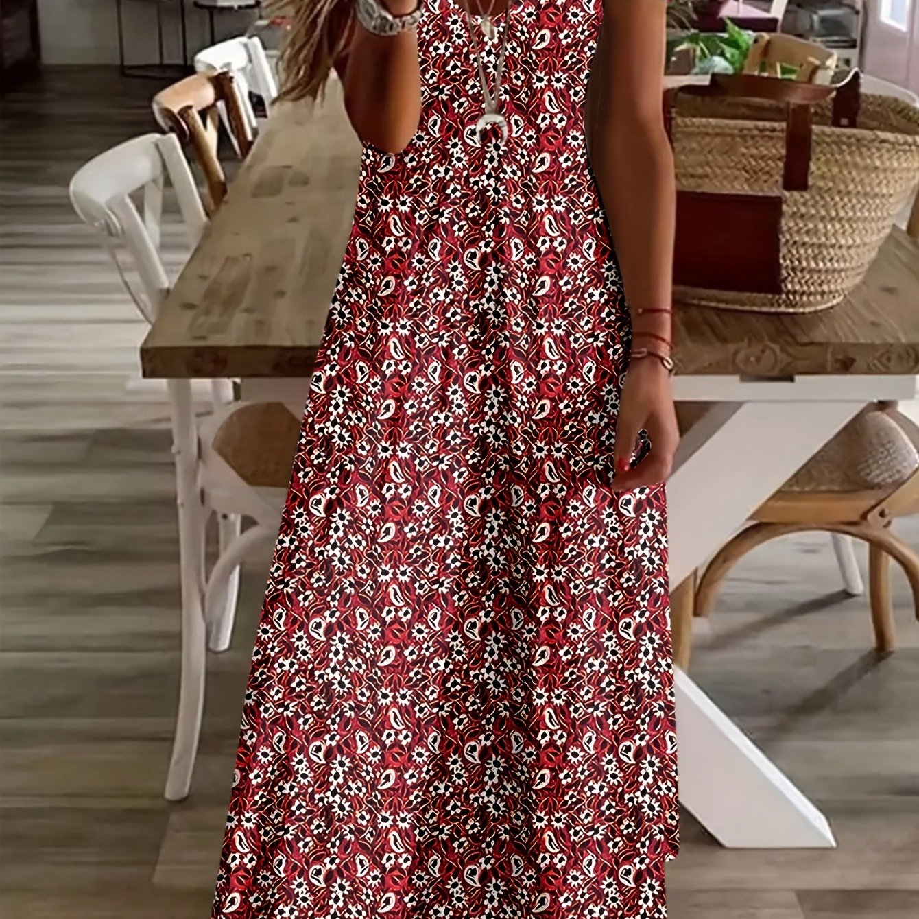 Image of Women's Spring And Summer Casual Red Vintage Floral Print Short-sleeve Elegant Long Dress, V-neck Seaside Long Dress, New Casual Women's Long Dress, Machine Washable