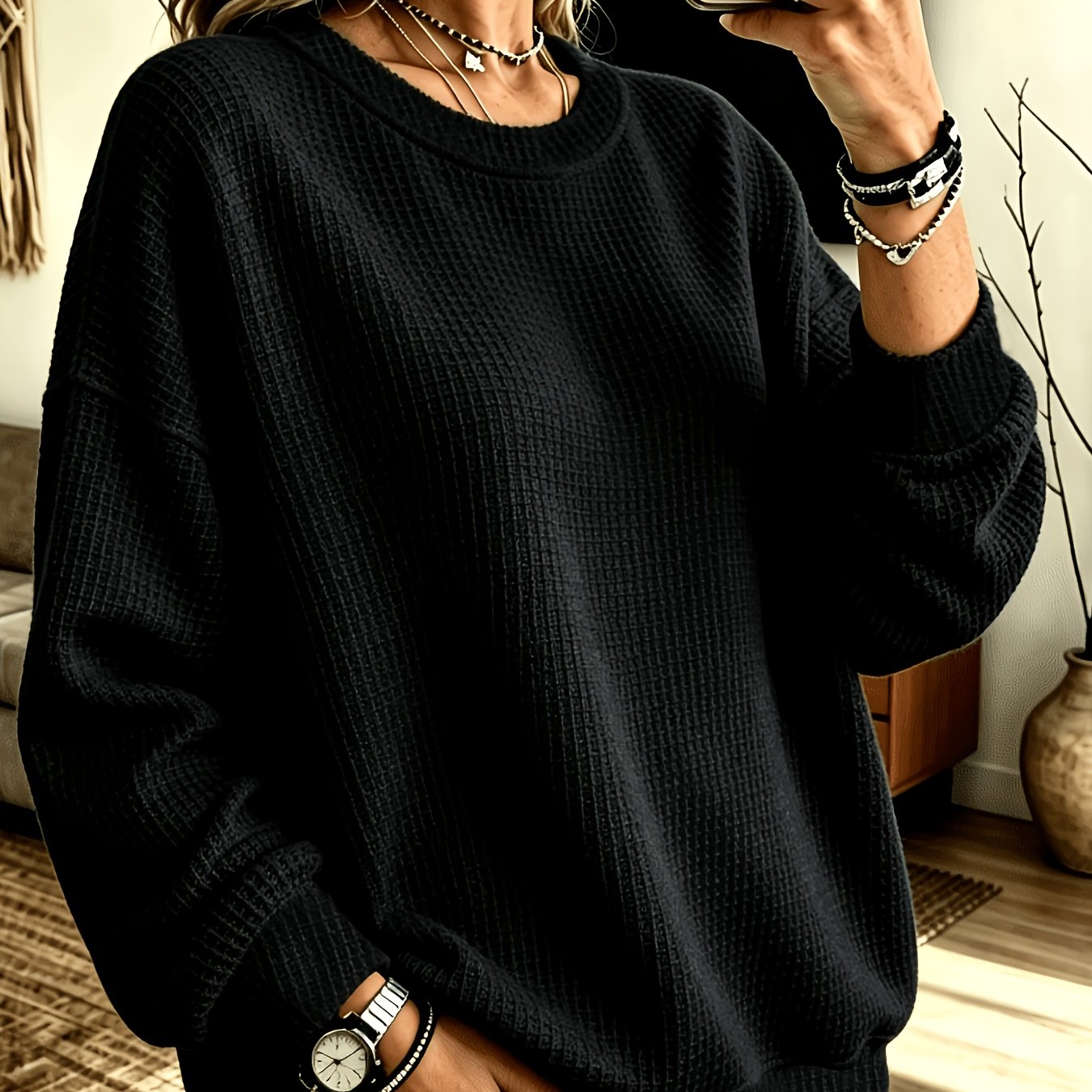 TEMU Women's Fashion Solid Color Casual Crew Neck Long Sleeve Autumn/winter Sweatshirt