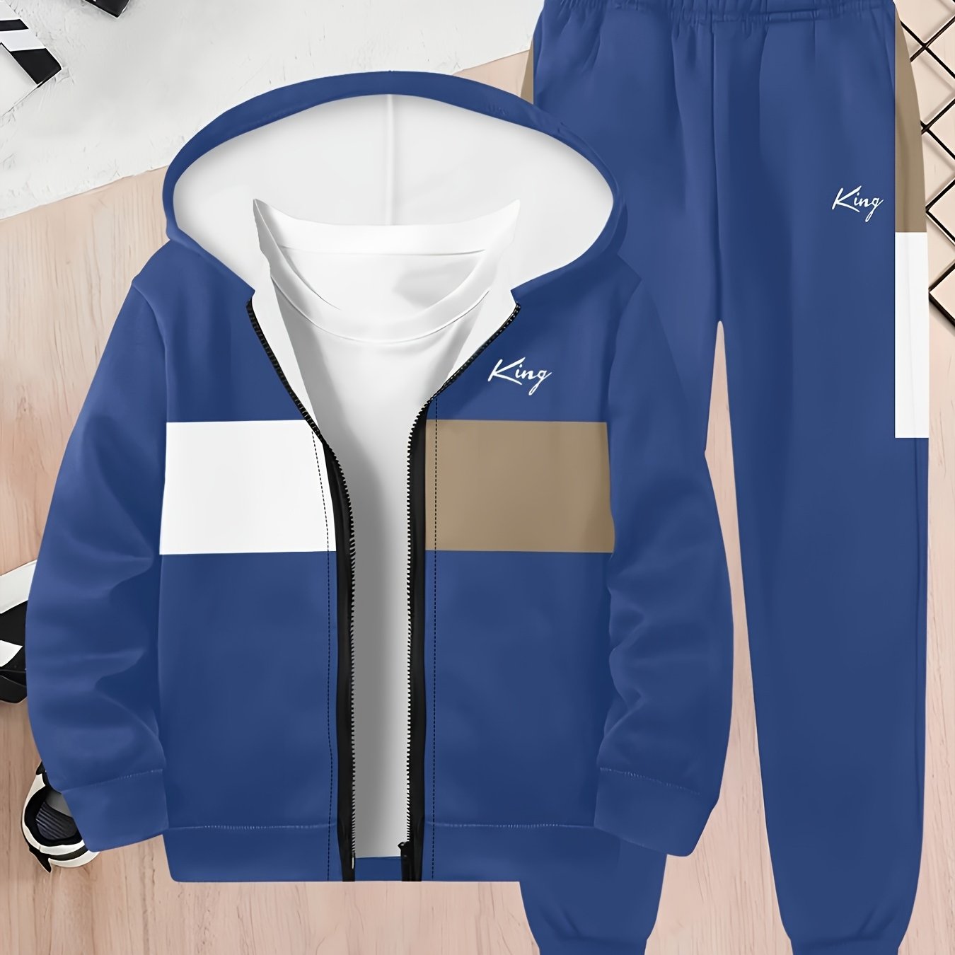 Image of 3d Printed Cool Printed Boys' Jacket And Trousers Suit For Autumn And Winter Hooded Zipper Cardigan And Trousers Fashion Daily Casual Long Sleeve Sportswear, For Outdoor