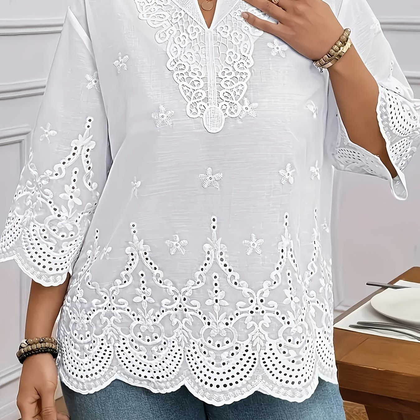 Elegant V-neck Shirt With Floral Lace Texture | Formal And Casual Wear, Suitable For Spring/summer/fall