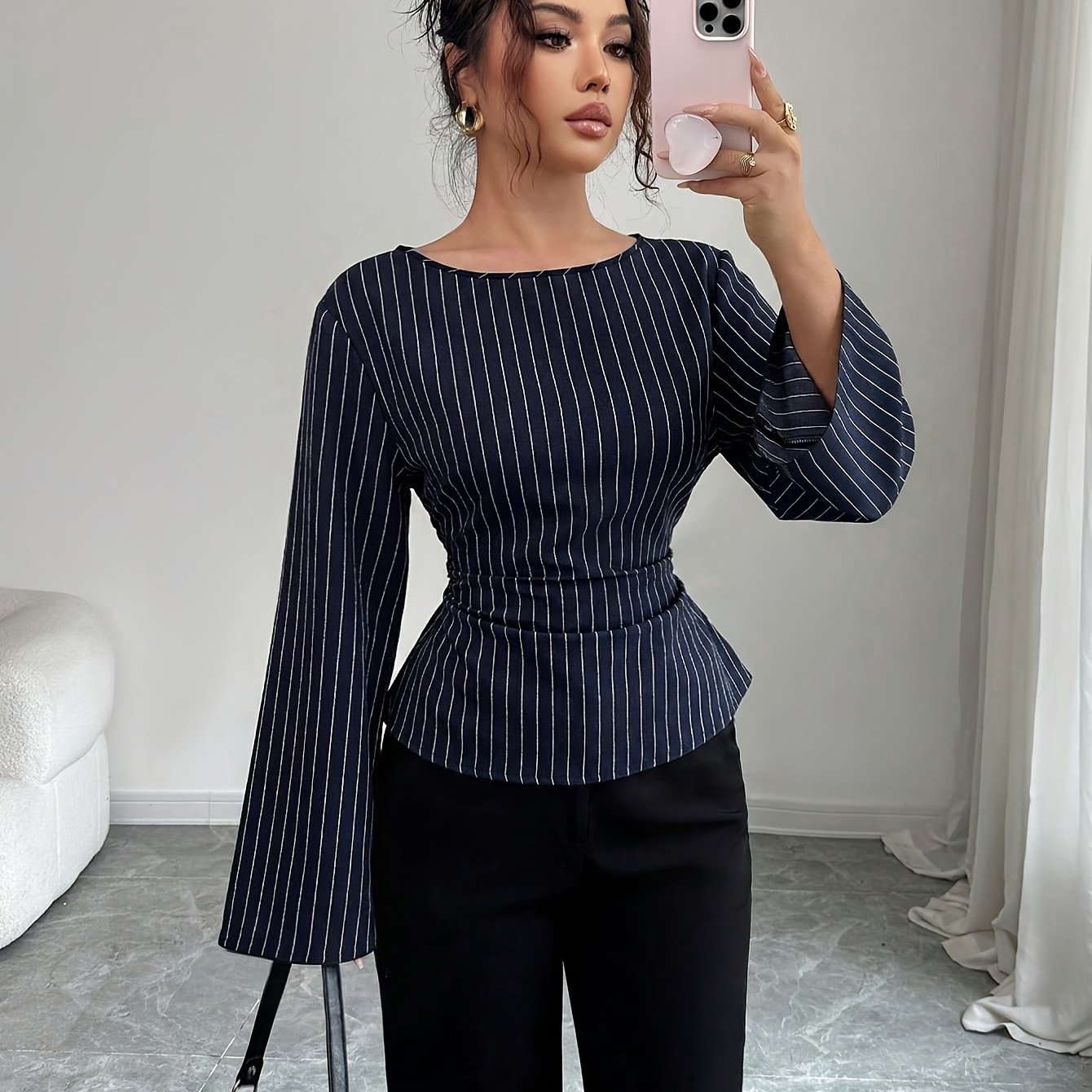 TEMU Elegant Women's Autumn Casual Shirt, Waist Sleeve Blouse, Business Casual Top
