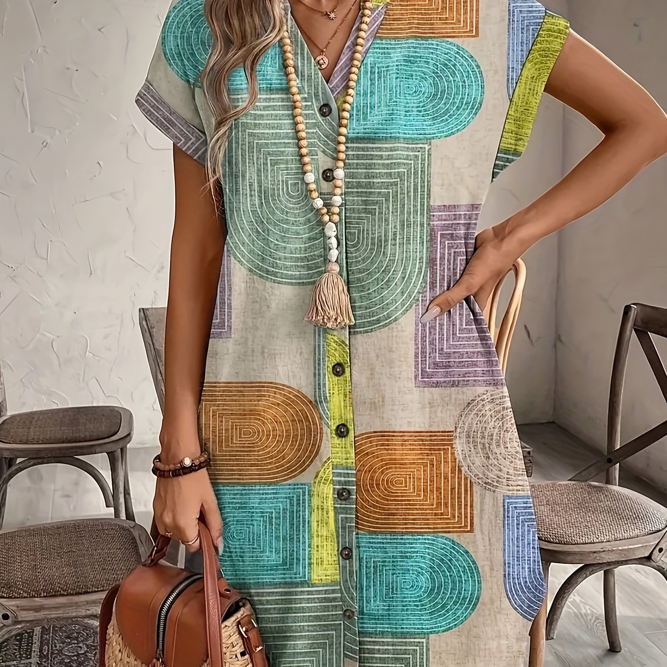 TEMU Camisa casual de mujer con cuello en V y botones - Diseño geométrico, manga corta, poliéster , estilo , diseño de parches multicolores, tela fácil de , para atuendos informales.