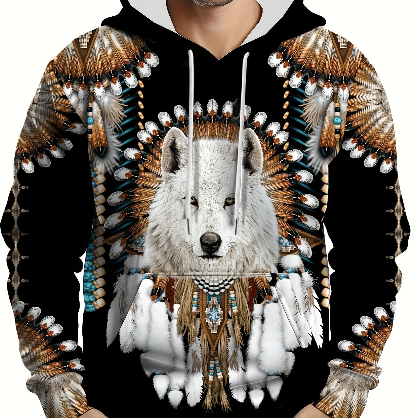 TEMU New 3d Men's Long-sleeve Casual Hoodie Featuring A Wolf Design, Ethnic , Fashionable And Comfortable Sweatshirt, Wear , Autumn, And Winter. A