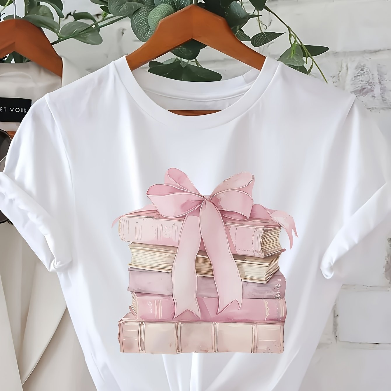 Plus Size, Plus Size Print Bow T-shirt, Loose Fit Casual Top For Women