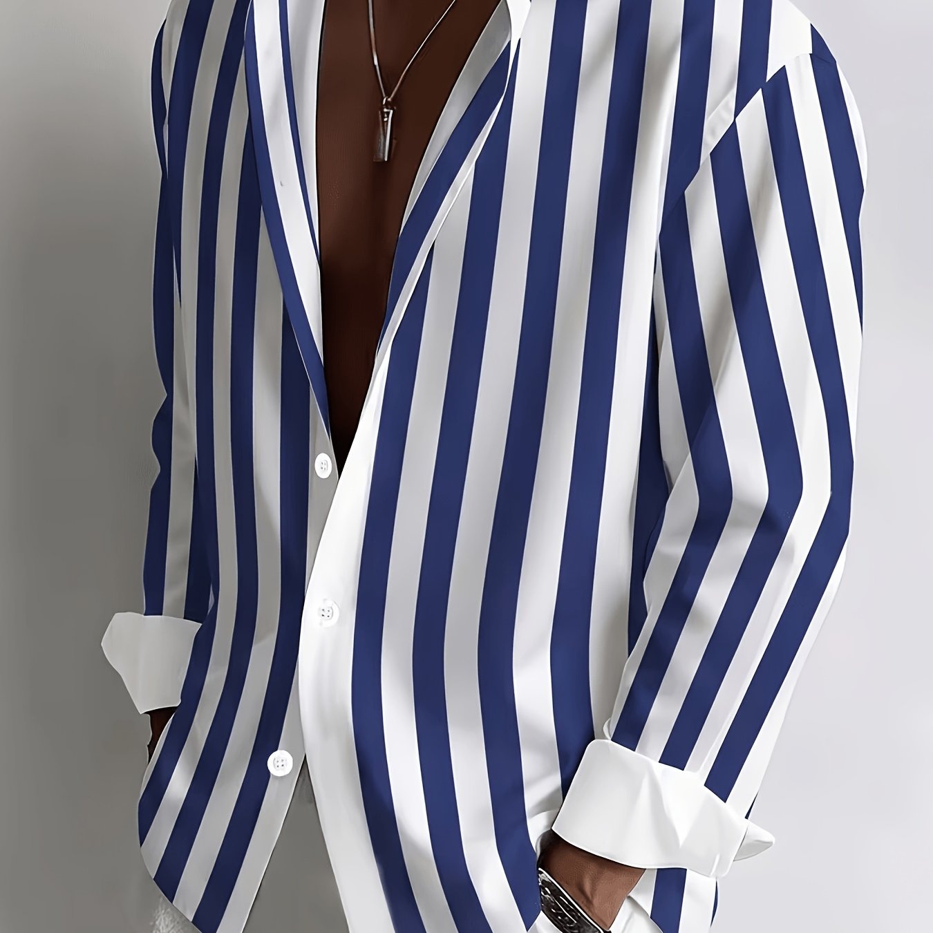 TEMU Old Money Outfits Men's Striped Long-sleeve Lapel Shirt, Versatile Casual Vacation Lazy Style Top, Men's Long-sleeve Shirt, Printed Design - Not