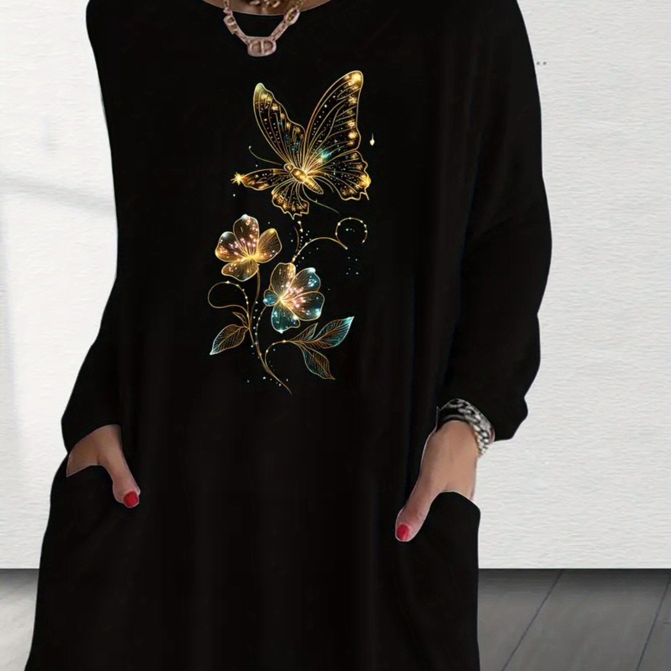 TEMU Women's Casual Long-sleeved, Fashionable And Easy Round Neck Long Top, Printed With Exquisite Letter Animal Patterns, Casual , Machine Washable,