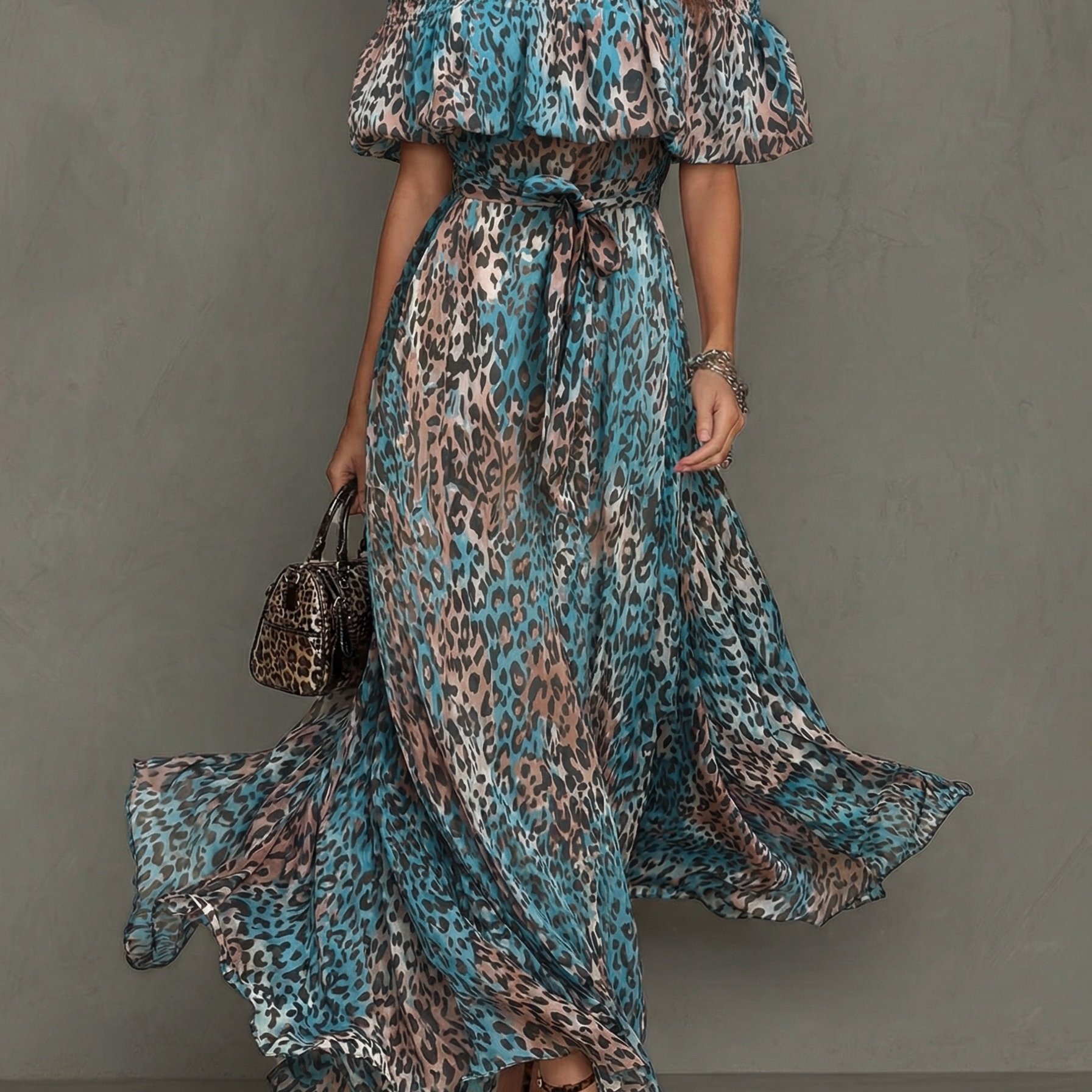 TEMU Robe d'été maxi évasée en mousseline de soie pour femme, style bohème vintage, à bretelles, volants et imprimé léopard, ceinture à la taille