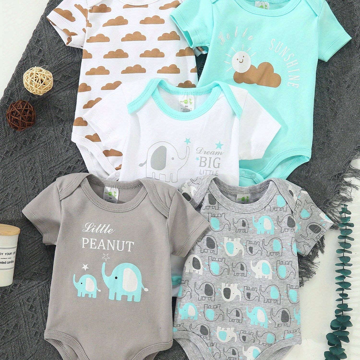 5pcs Set Newborn Romper Elephant Print Toddler Triangle Bodysuit, For Outdoor