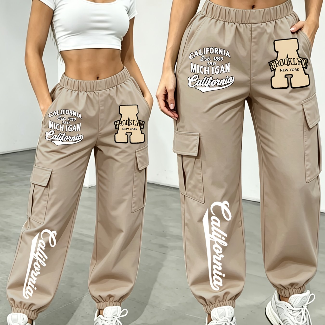 TEMU New Arrival - Women's Long Pants, Sold Individually, Printed, Multi-pocket Cargo Pants Style, Long Pants For Fashionable Aged 18-25, Machine