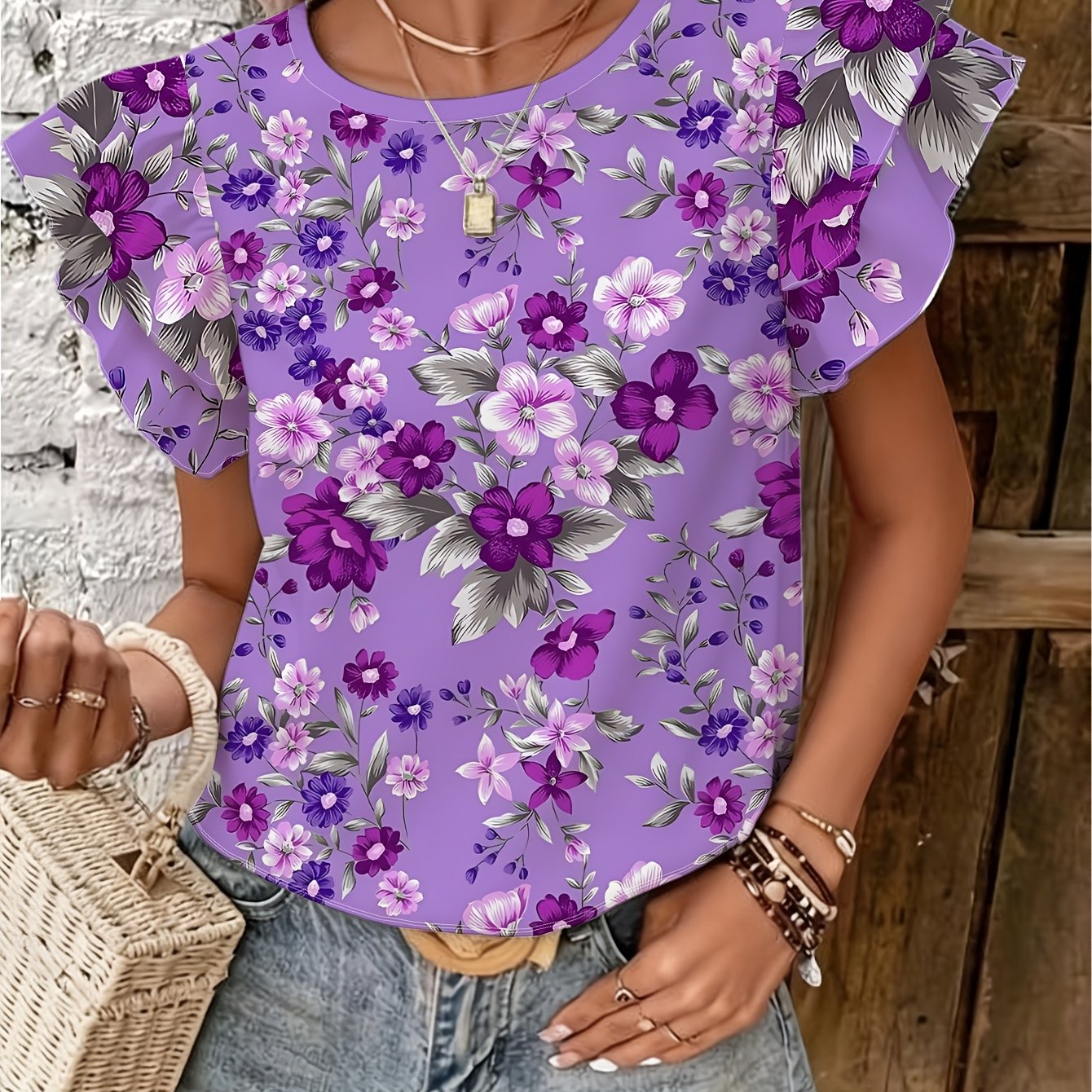 TEMU Purple Floral Short Sleeve Top, Women's Round Neck T-shirt, Casual Shirt