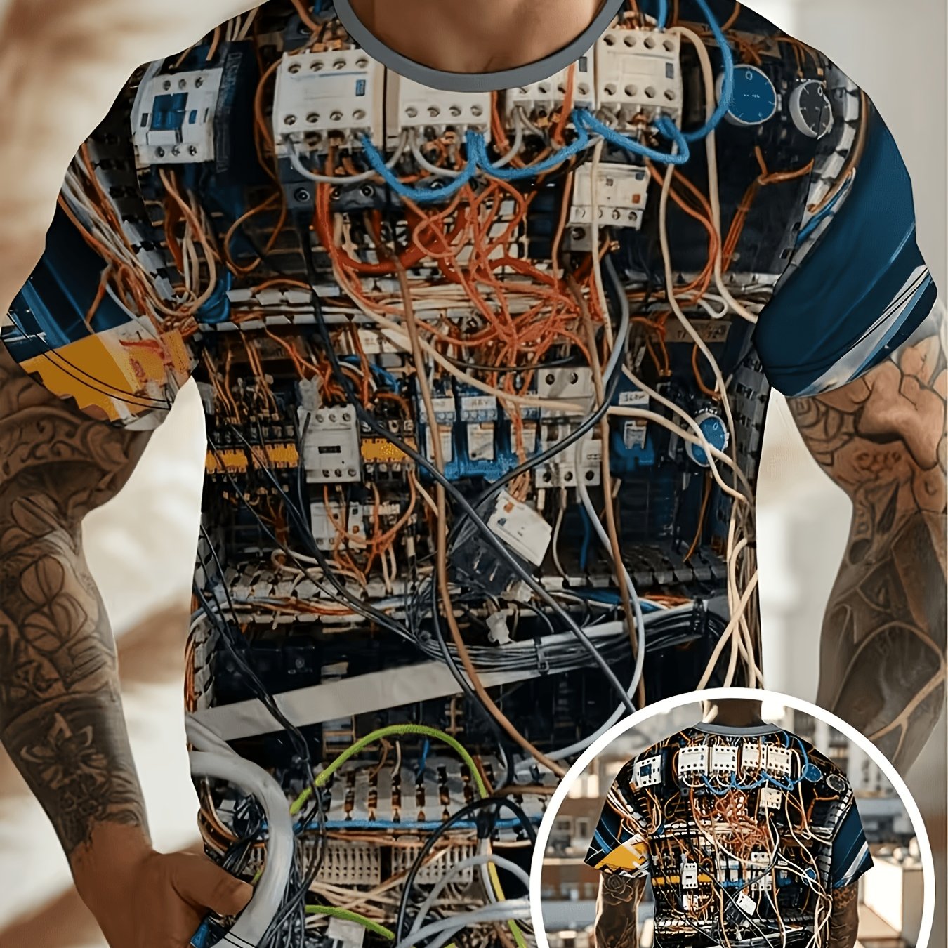 TEMU Men's Graphic T-shirt Multicolor Electrical Circuit Board Print With Colorful Wires And Switches Design Short Sleeve Casual Daily