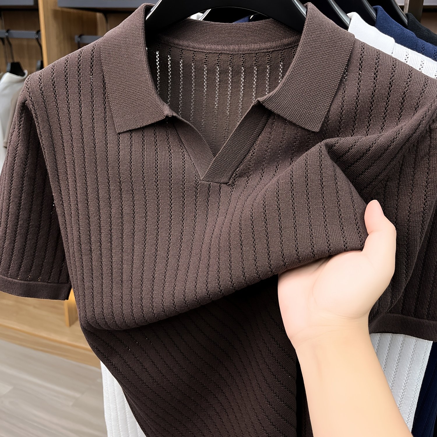 TEMU Men's Breathable Knitted Shirt - Short Sleeve Half- Lapel Collar With Openwork, Solid Color & Plaid Suitable For Business Casual, Golf, Outdoor