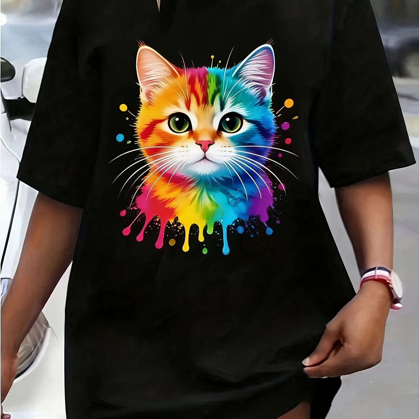 TEMU Vibrant Feline Designs, Casual Round Neck T-shirt Dress With Short Sleeves For Spring And Summer, Recently , Minimalist Style