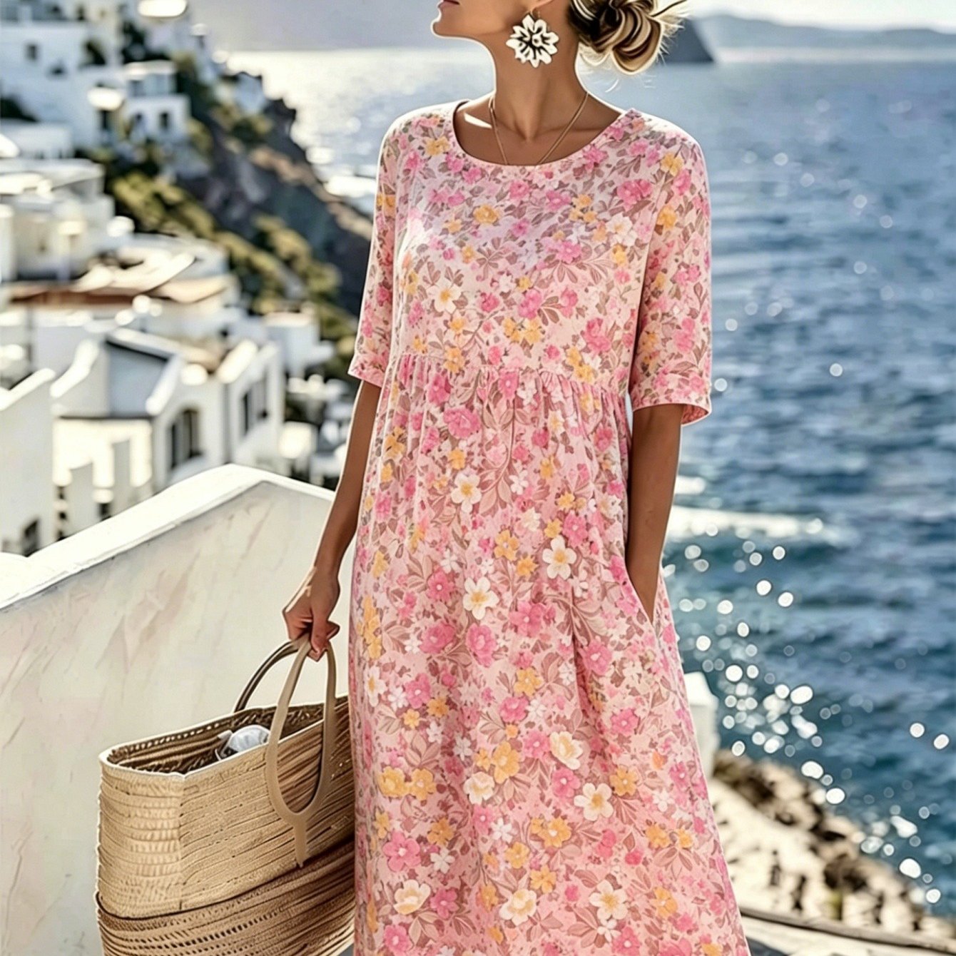 Women' Pink Base Print 3/4 Sleeve Loose Midi Dress With Pockets, Casual Summer Beach & Vacation Dress