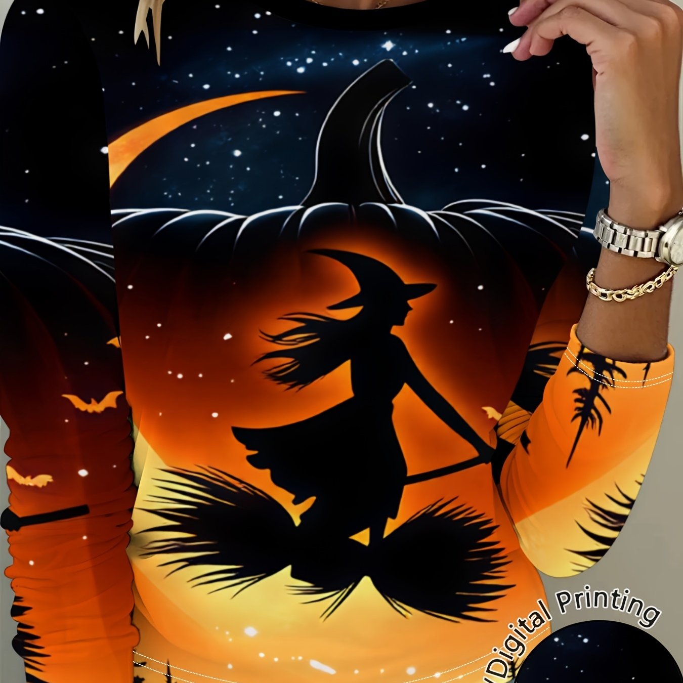 TEMU [printed Design Not Texture] Halloween Women's Printed Round Neck Long Sleeve Top Witch Riding Broomstick Pattern Starry Sky Pumpkin Background