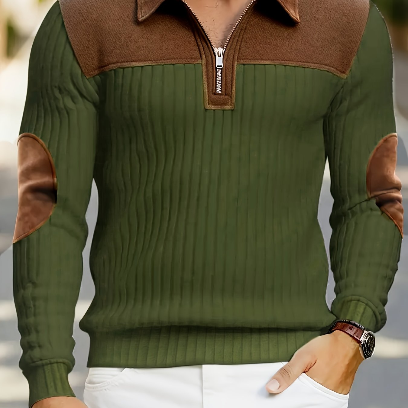 TEMU Men's Autumn/winter Color-block Spliced Half-zip Lapel Knit Sweater With Ribbed Texture, Vintage