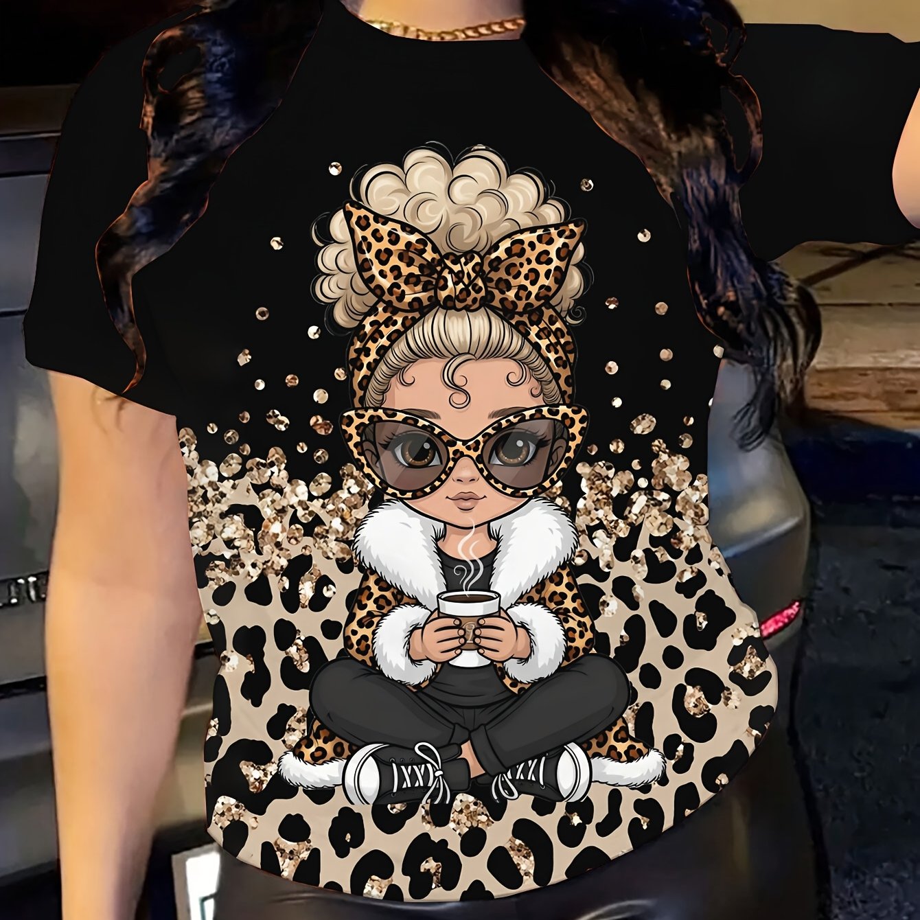TEMU Leopard Print Women's Top, Women's Casual Streetwear, Comfortable Casual Round Neck T-shirt, /summer Collection