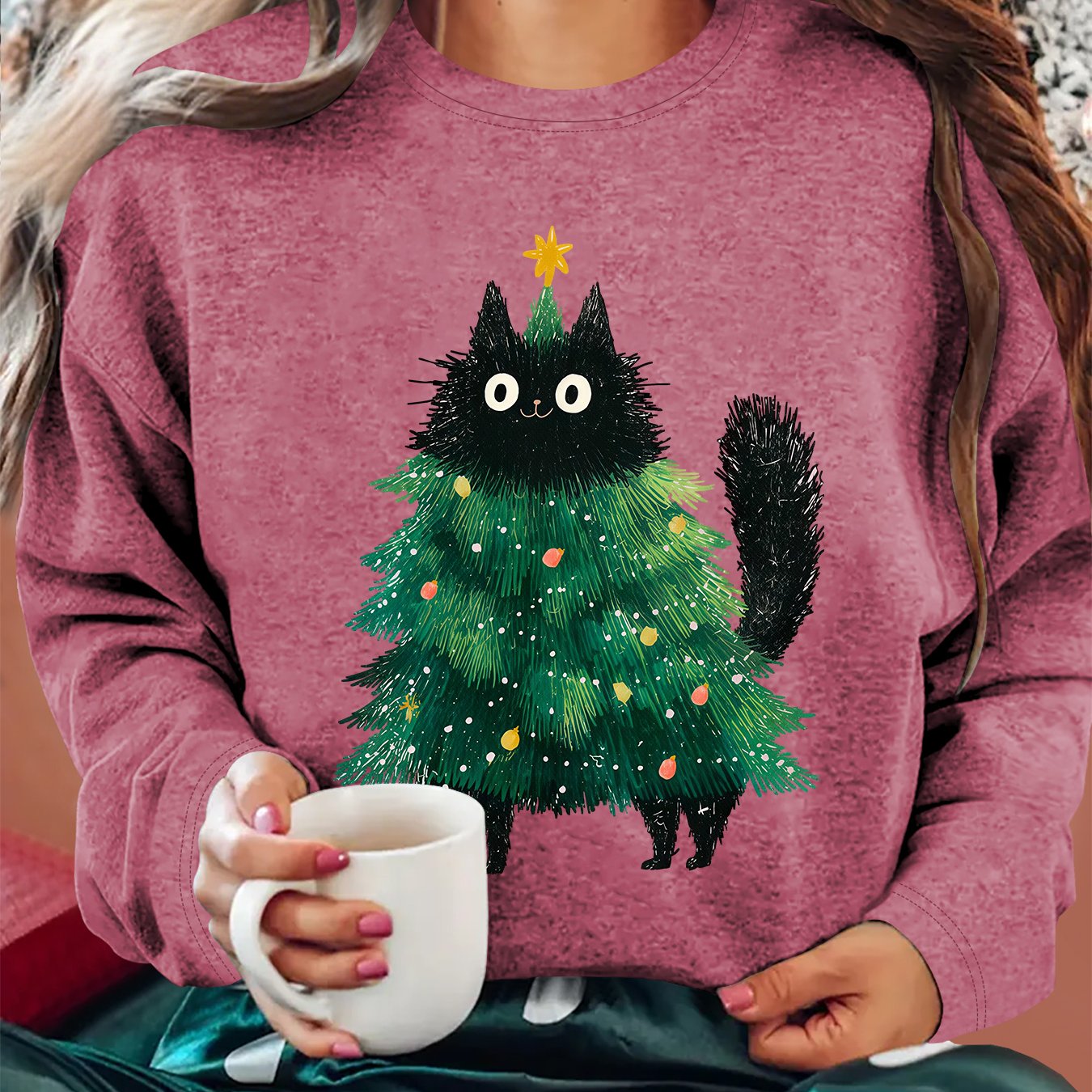 TEMU Christmas Holiday Apparel For Women, New Arrival Black Cat Christmas Tree Print Crew Neck Loose Fit Long Sleeve T-shirt, Autumn/winter Homewear,