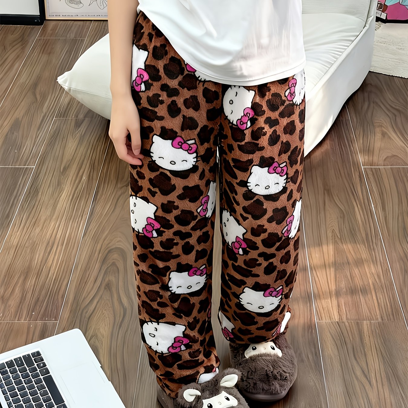 Hellokitty Leopard Print Fleece Sleep Pants | Soft, Comfortable, Skin-friendly, Warm For Fall/winter - Perfect For Couples, , Mother-daughter