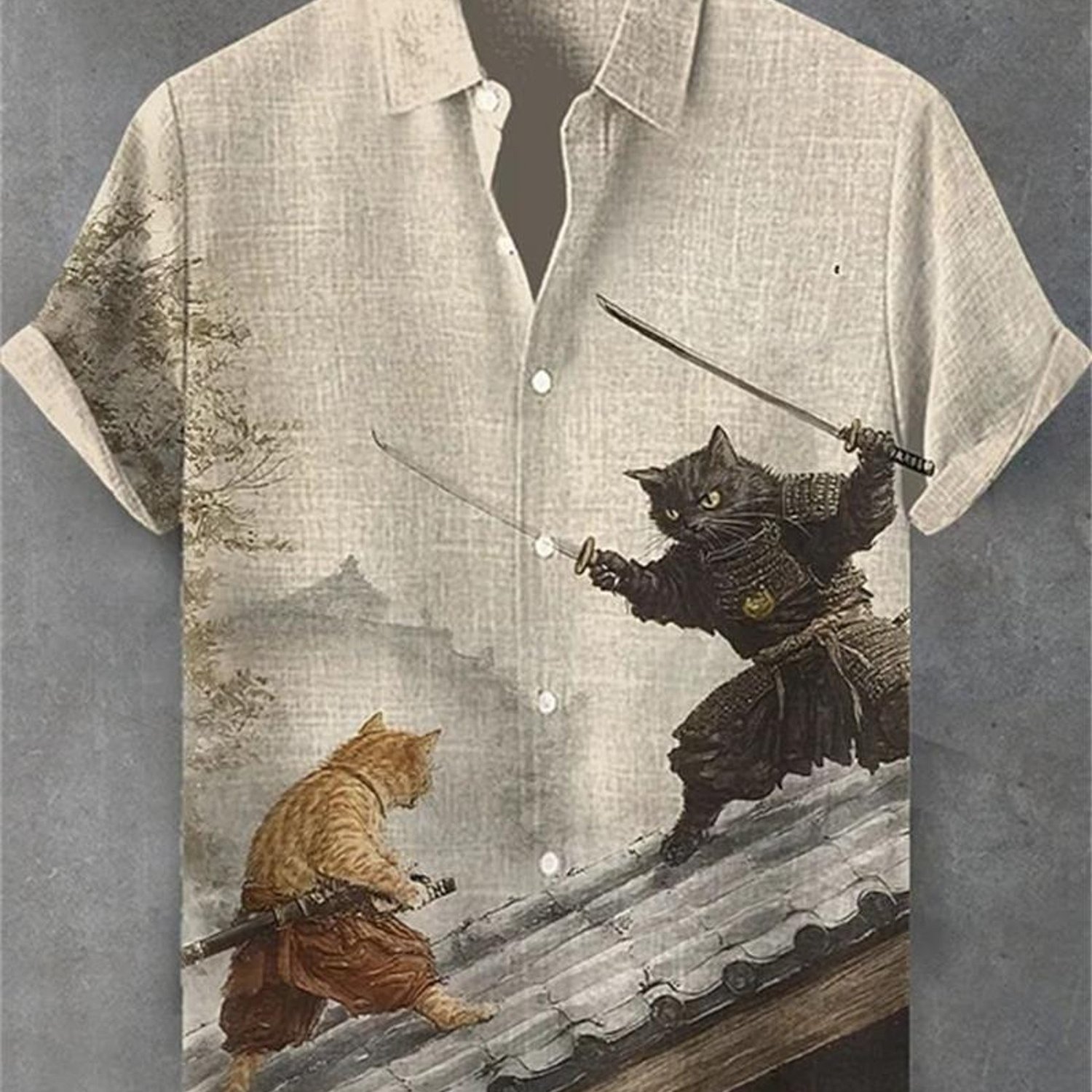 TEMU Men's Regular Fit Dress Shirt, Short-sleeved With Collar, Cat Printed (mixed Color, Multiple Specifications ), Polyester Fabric For Casual Daily