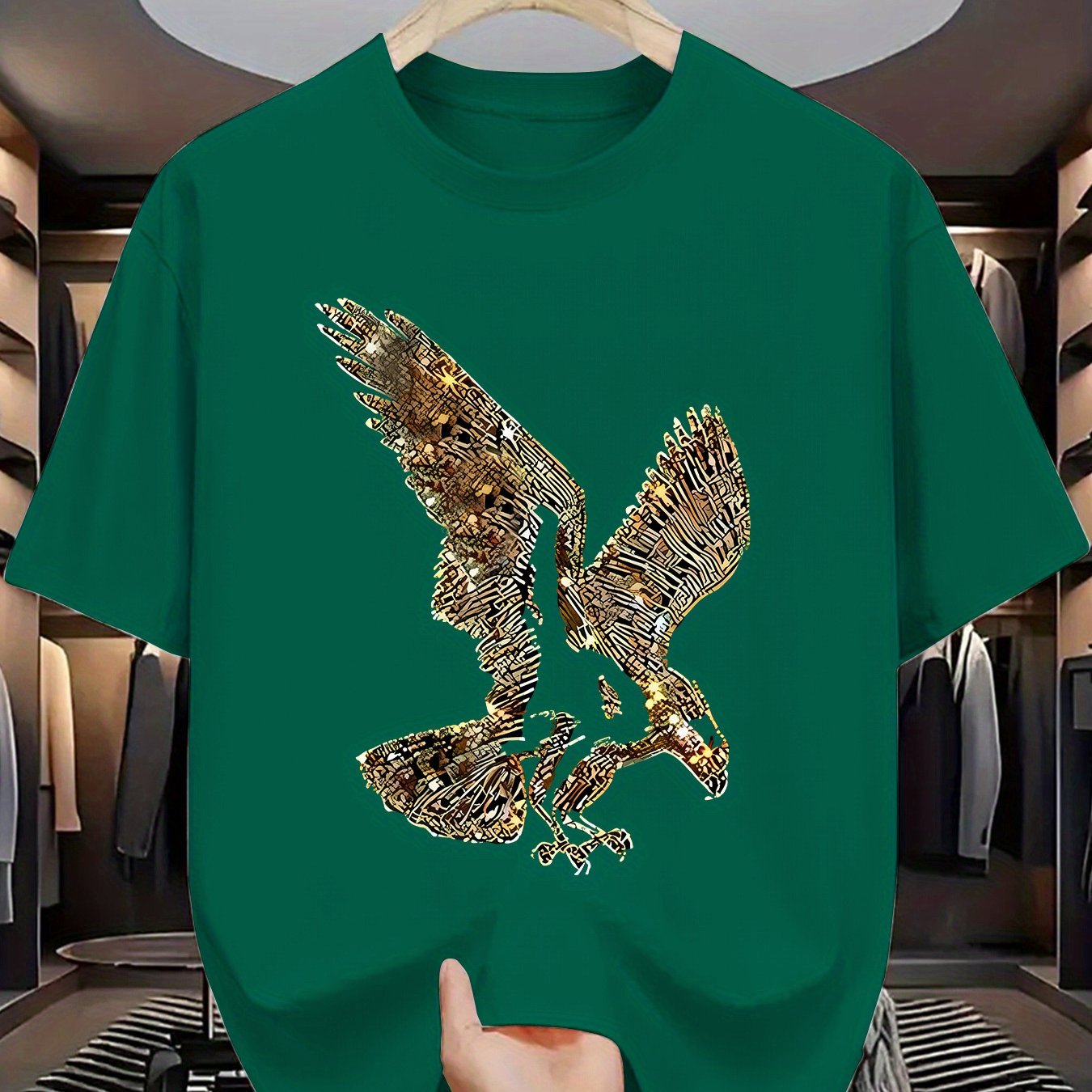 TEMU (180g Polyester Men's T-shirt) Casual Printed Summer Sports Fashion - Golden Eagle Graphic Print T-shirt, Comfortable And Versatile Men,