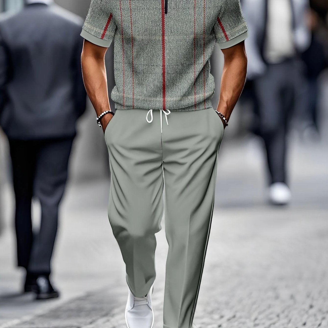 2pcs Set [new Summer Release] Men's Casual Fashion Loose Stand Collar Half-zip Short Sleeve And Pants Sports Set - Short Sleeve Top And Pants