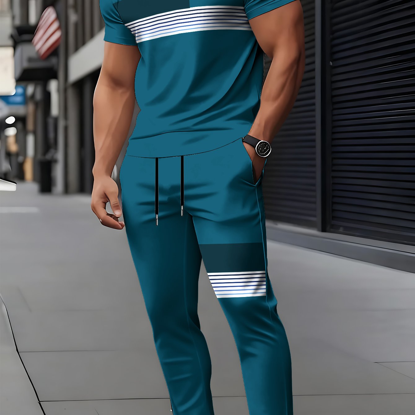 TEMU Men's Short Sleeve Round Neck T-shirt And Pants Set With 3d Print, Elegant Casual Round Neck Design With Slightly Elastic Knit, Suitable For