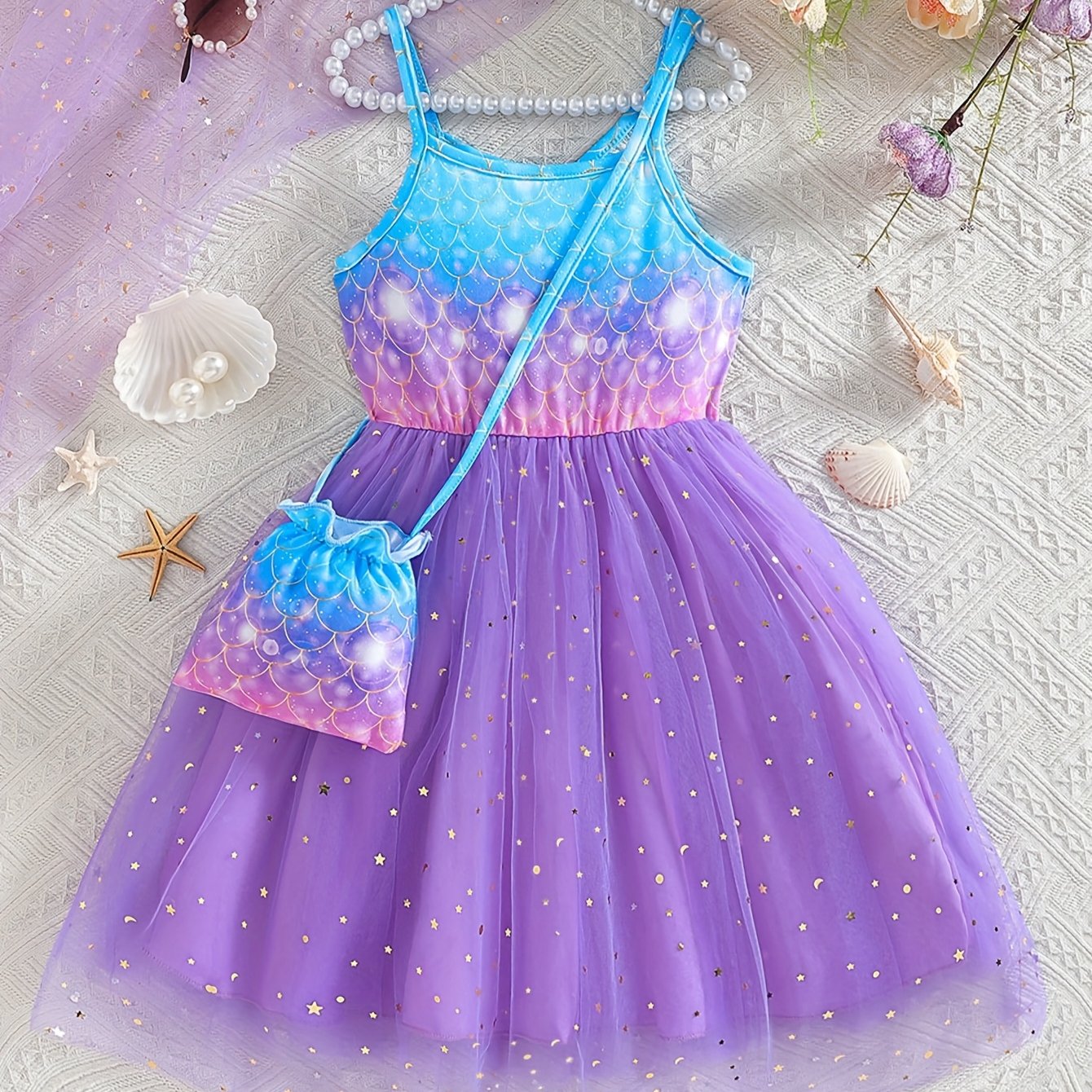 Image of Girl's Dress 4-7, Fish Scale Gradient Print Camisole Top With Moon And Skirt Hem, Includes Crossbody Bag, Suitable For , Shopping, Banquets, Or Vacations