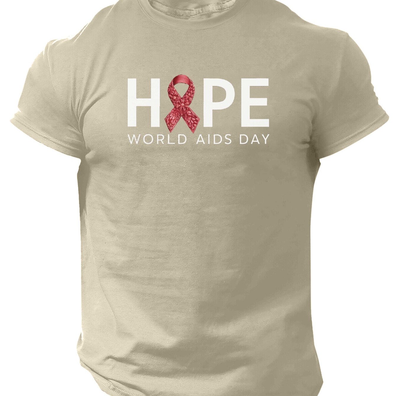 TEMU Men's Hiv/aids Awareness Ribbon T-shirt - World Aids Day Red , Breathable Moisture-wicking Casual Short Sleeve Tee, Charity Top For & Casual