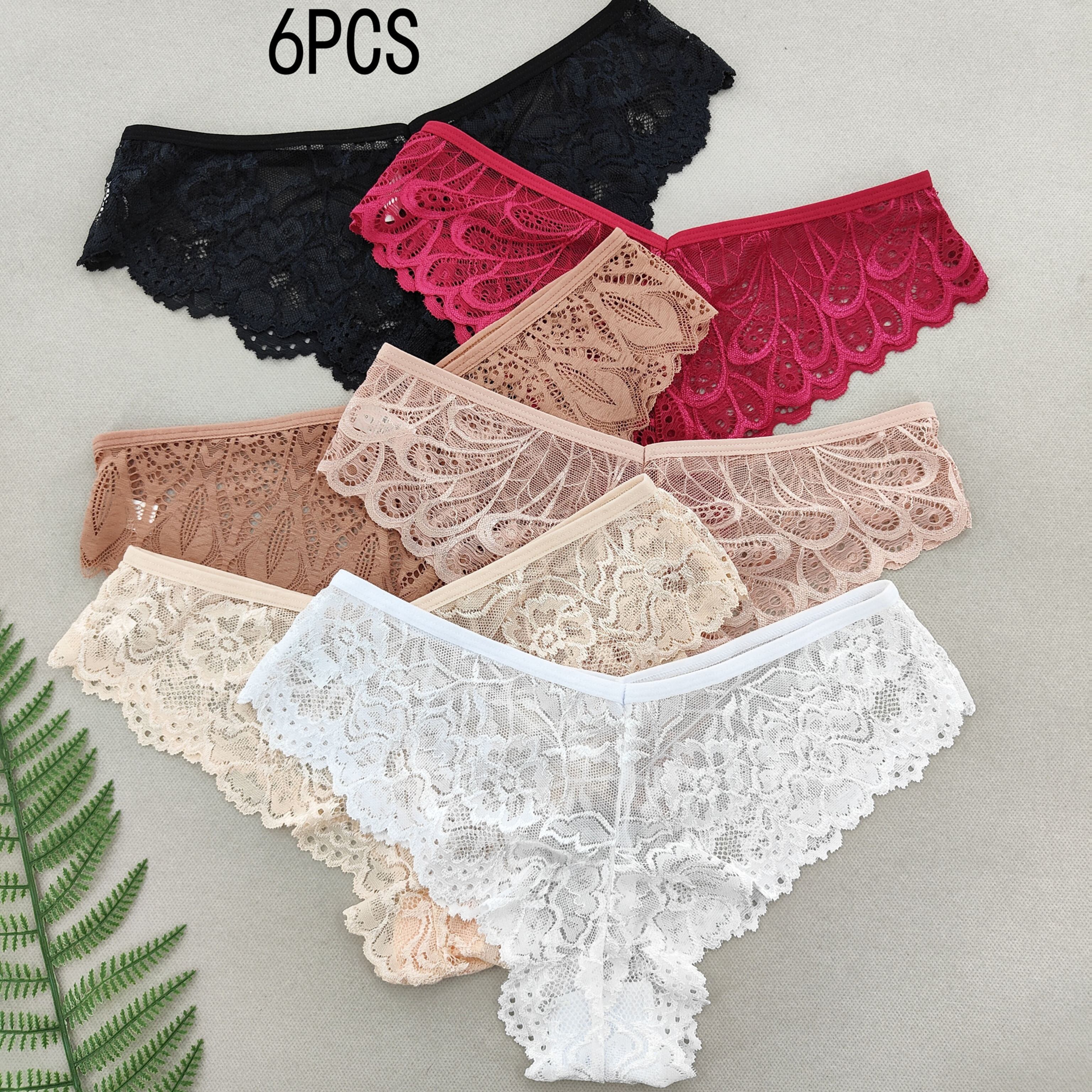 E-shop Set mit 6 Damen-Slips mit floralem Spitzenmuster - Bequeme, tiefe Unterwäsche mit kontrastierendem Spitzenbesatz, weich für und Intimwäsche, mit