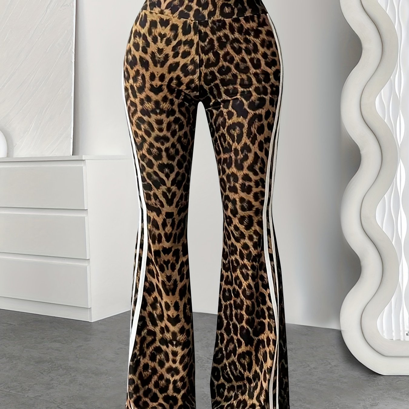 Women's Casual Leopard Print & Striped Flared Pants With Elastic Waistband - Comfortable Polyester, Machine Washable, Versatile Style, | Bellbottom Silhouette | Sleek Finish