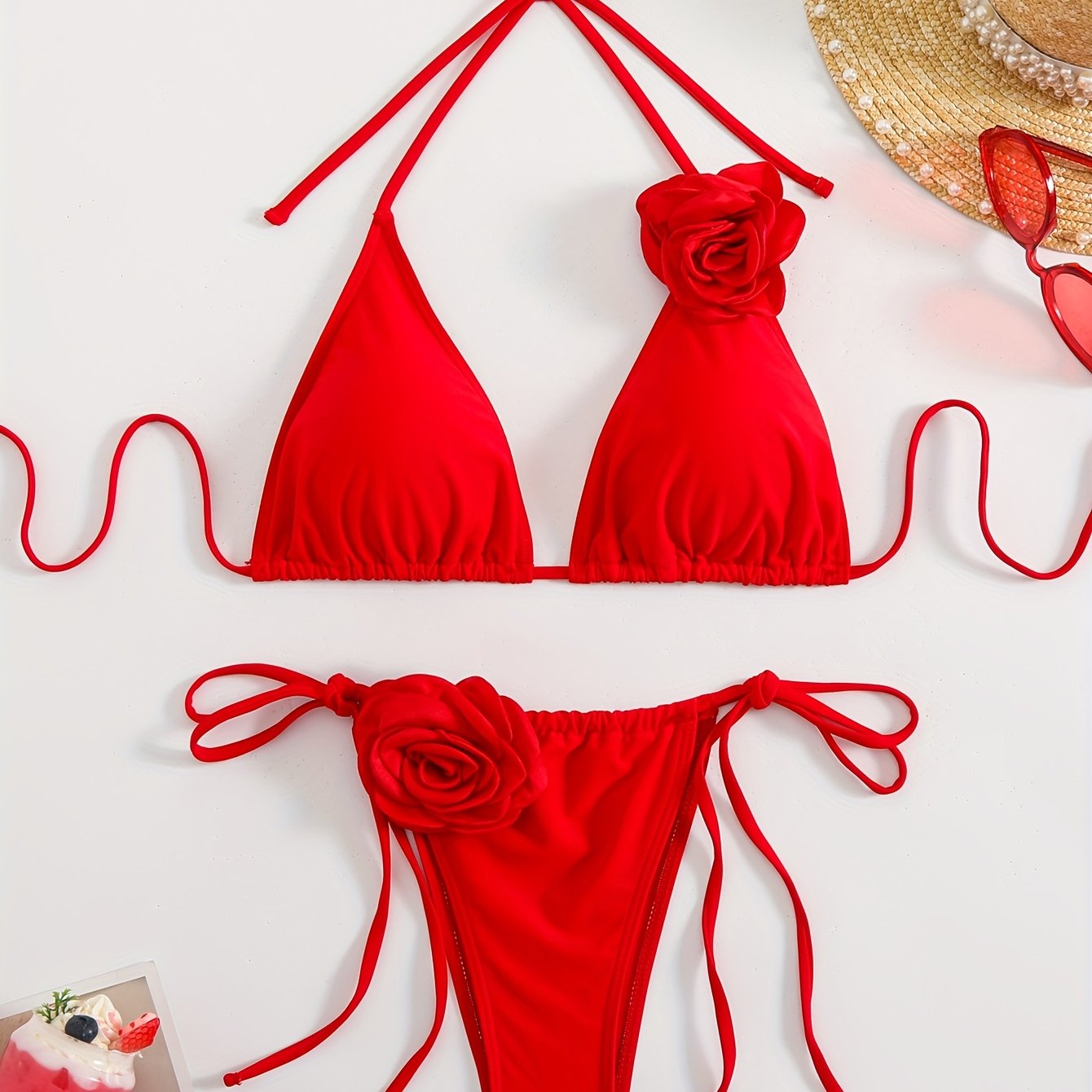 E-shop Neuer Bikini Damen-Badeanzug, weibliches Bandage-Schwimmkleid, Push-Up-Biquini, einfarbig, Rosenblüten-Aufkleber
